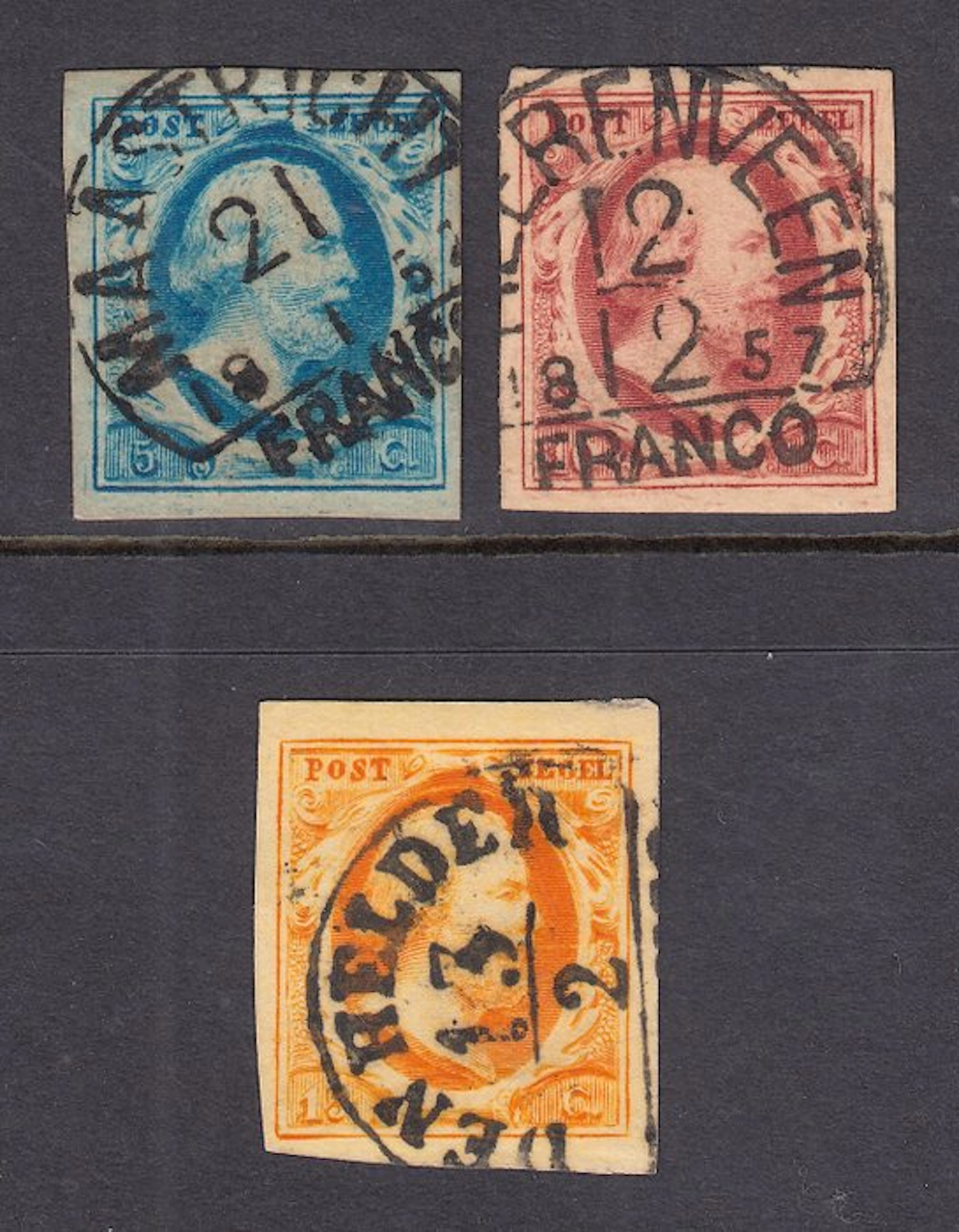 Netherlands 1852 - King William III, with semi-circular postmarks - NVPH 1/3