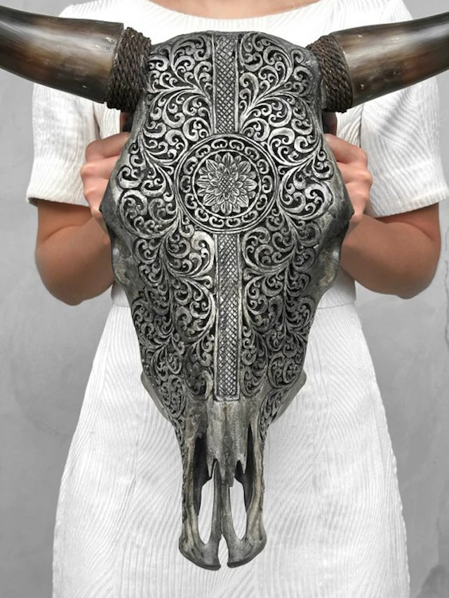 NO RESERVE PRICE - Authentic Grey Hand-Carved Bull Skull...
