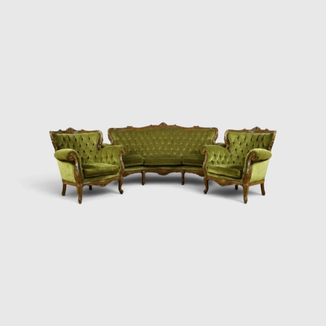 Seating group (3) - Wood, Velvet - Rococò Green Velvet Set