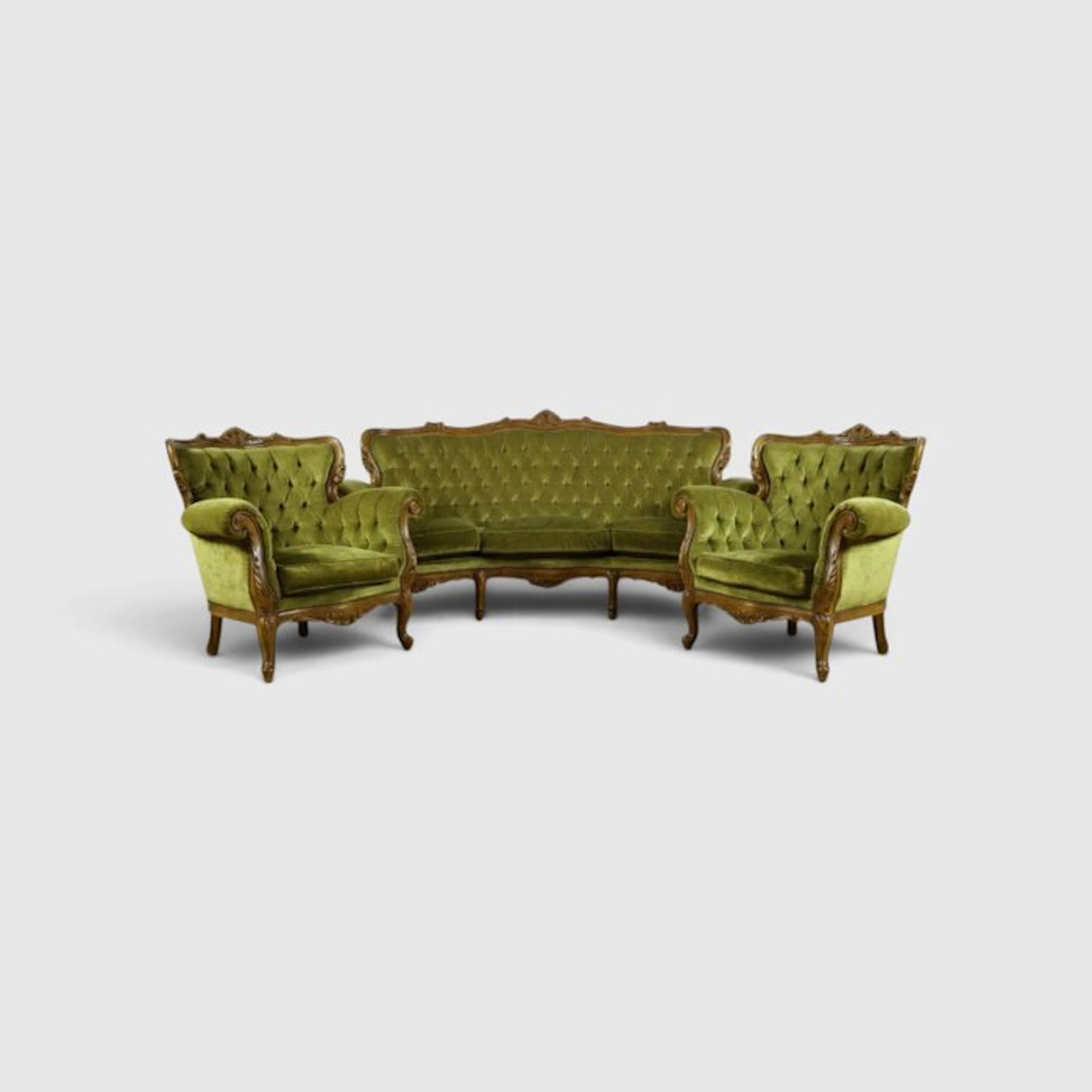 Seating group (3) - Wood, Velvet - Rococò Green Velvet Set