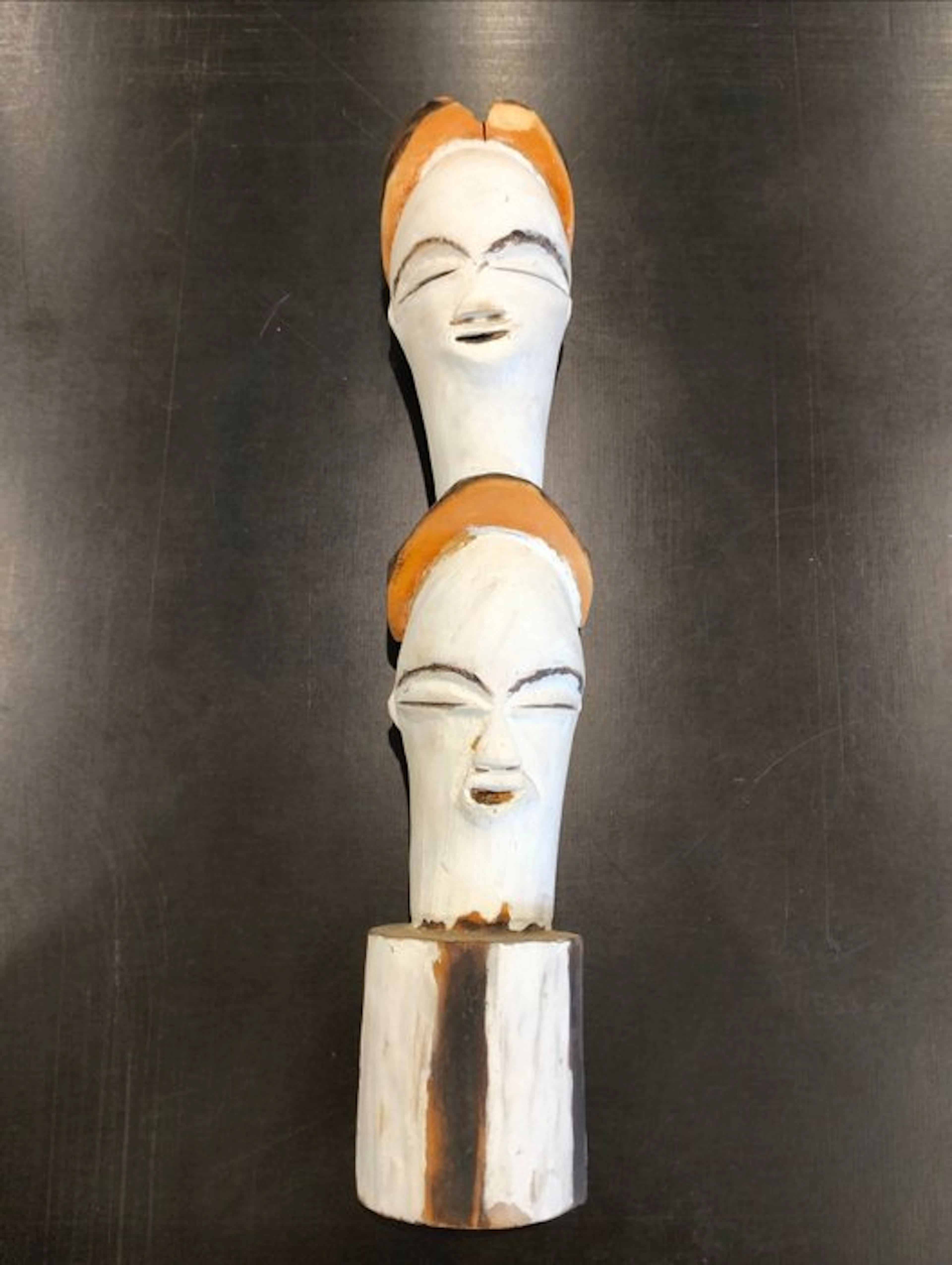 Large wooden three-headed totem sculpture - Gabonese African art - West Africa