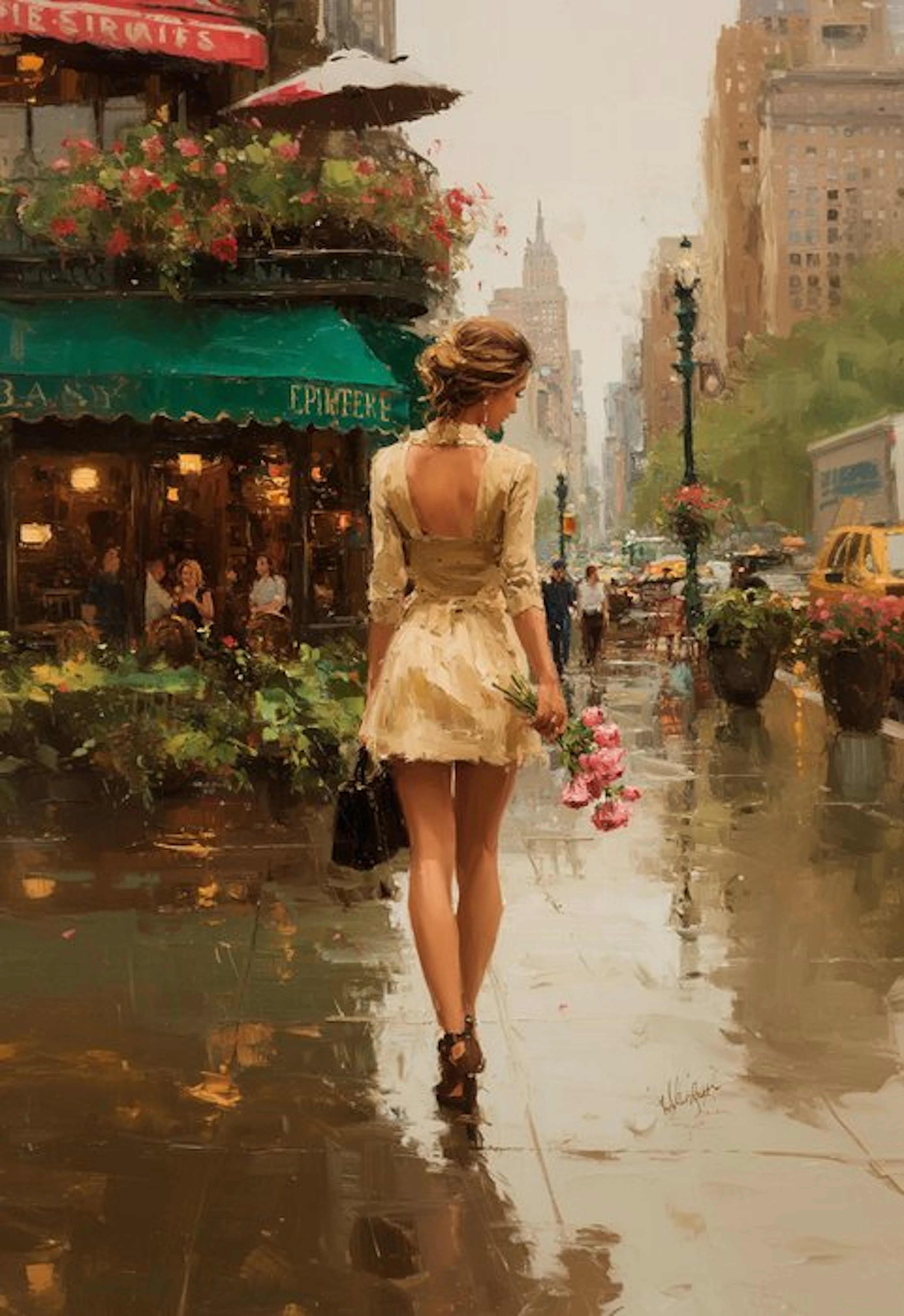 I_KONIQ - Loving shorthair blonde walking on boulevard oilpaint style