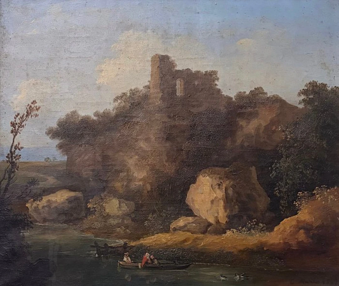 C. Marko (XIX) - Paesaggio romantico con rovine, fiume e imbarcazione