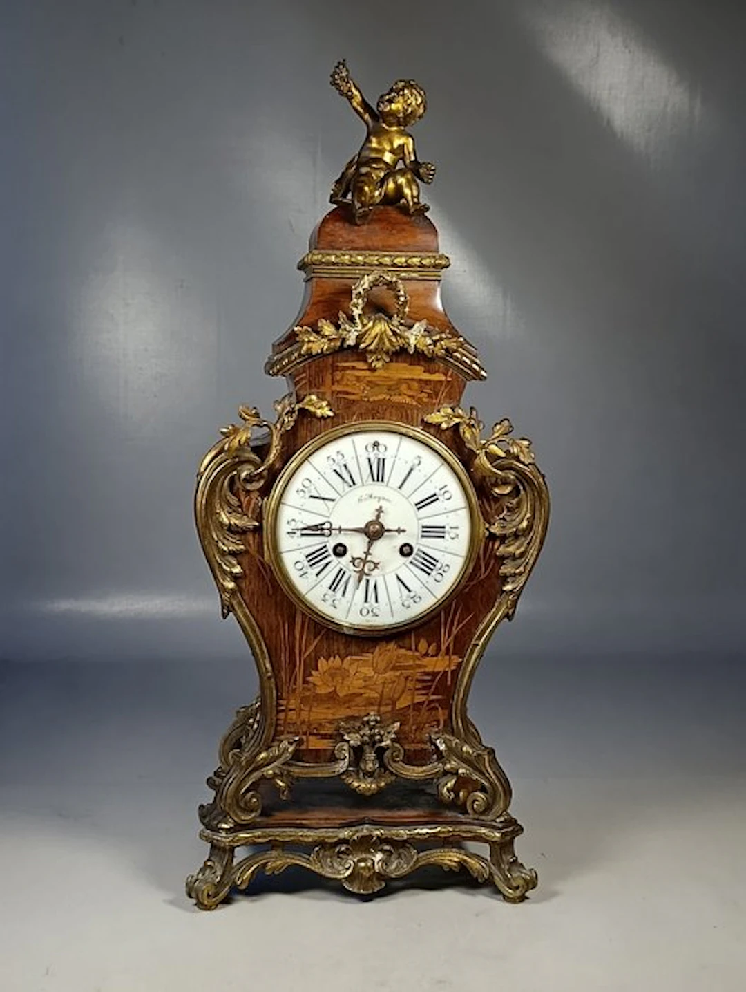 Cartel clock - Marquetry wood, gilded bronze, and enamel dial - 1850-1900