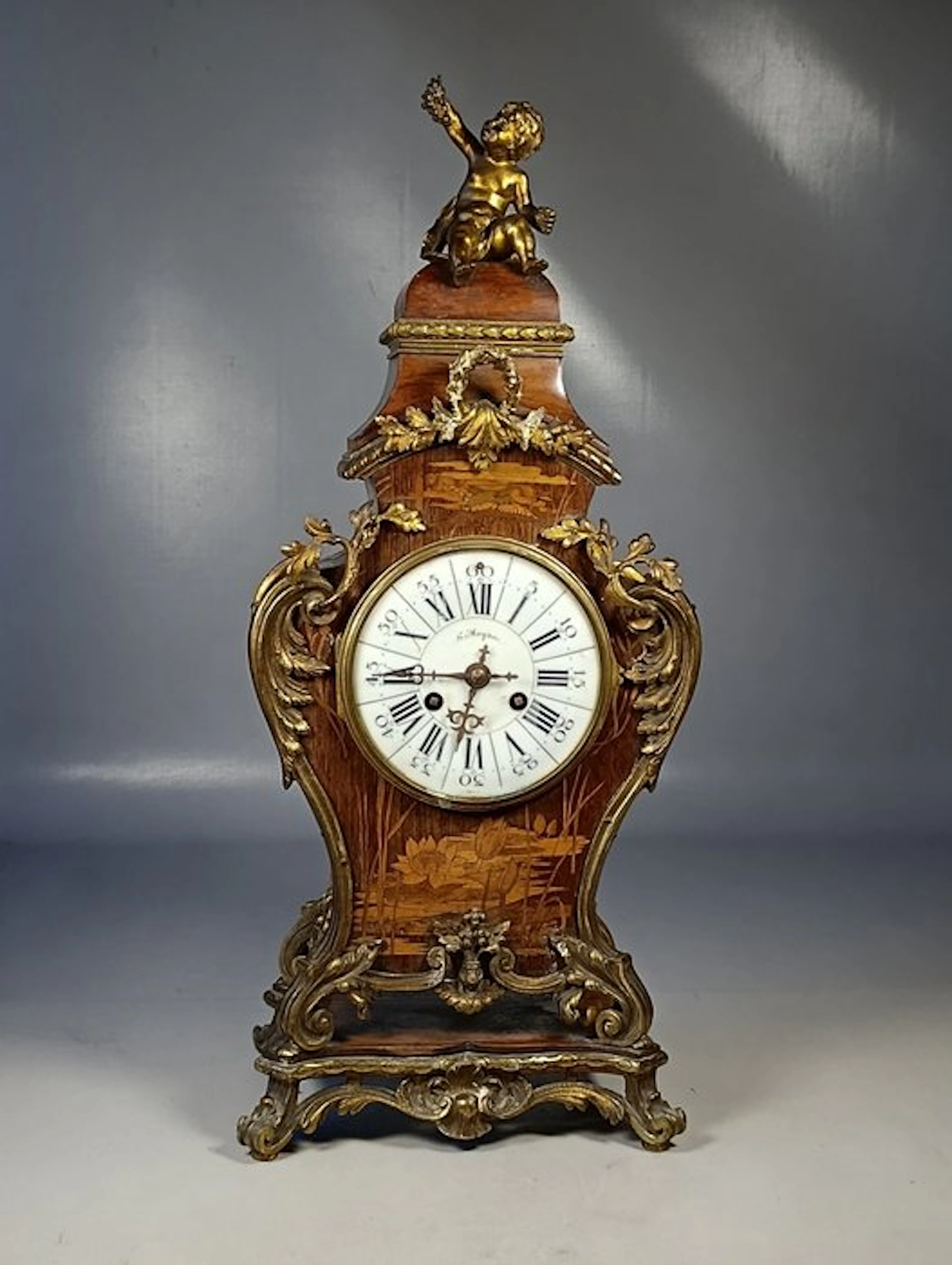 Cartel clock - Marquetry wood, gilded bronze, and enamel dial - 1850-1900