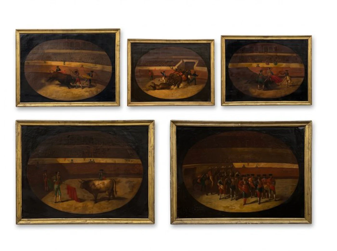 Escuela Española, S.XIX - Serie de 5 pinturas de Toros - Tauromaquia