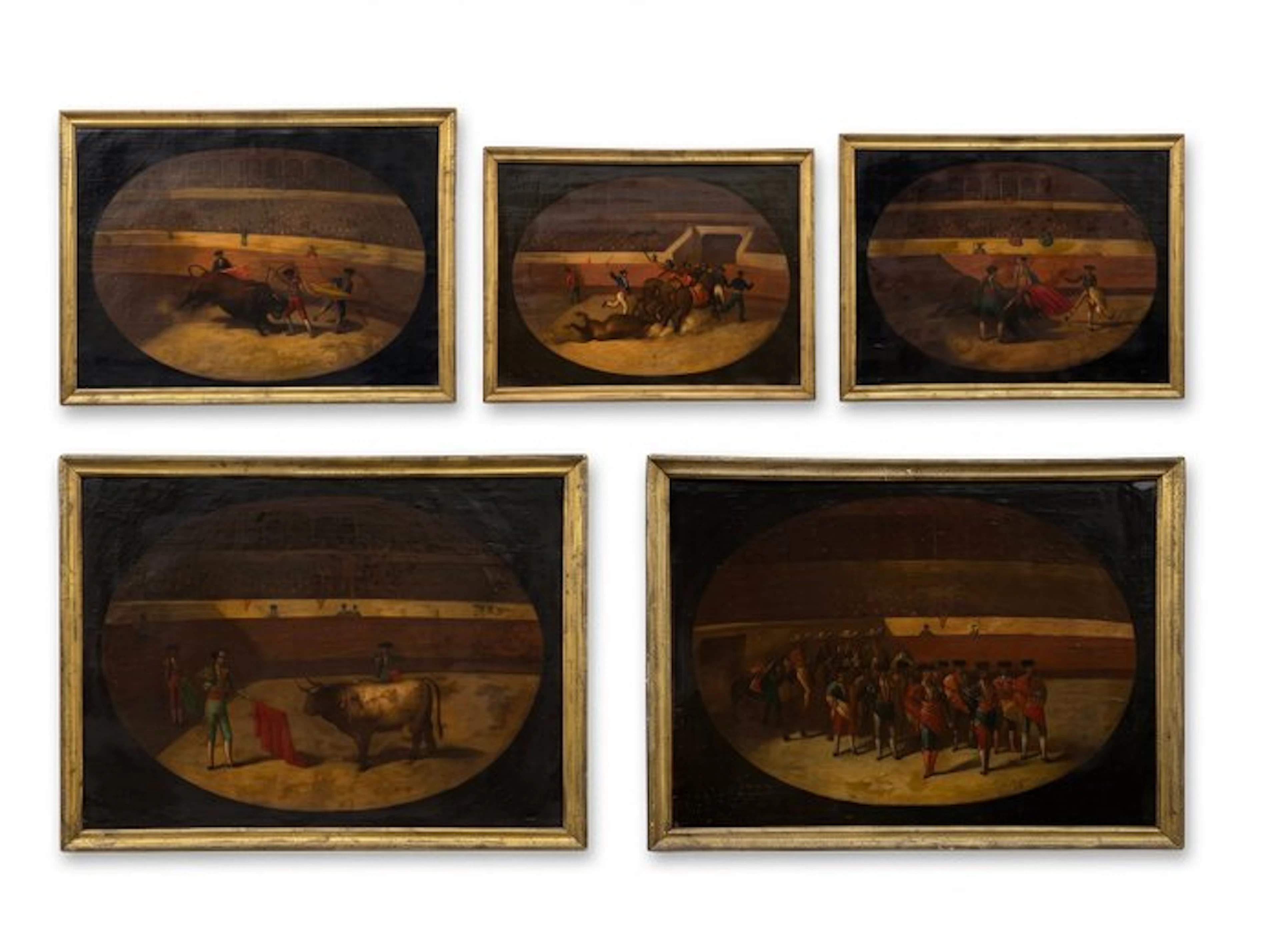 Escuela Española, S.XIX - Serie de 5 pinturas de Toros - Tauromaquia