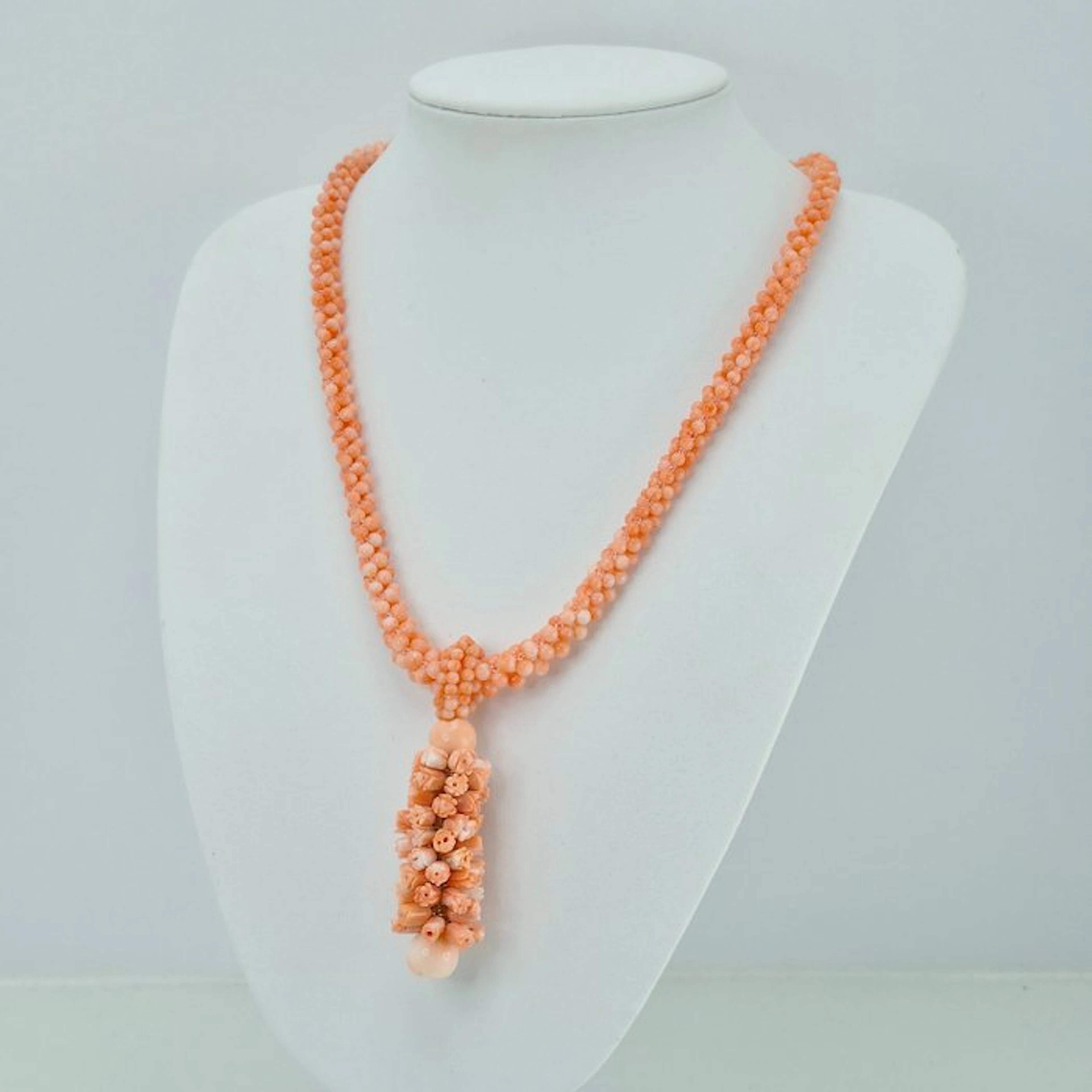Coral - Silver, Gold-plated - Necklace - Pink coral woven fabric