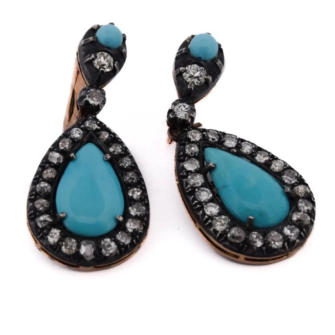 Earrings - 14 kt. Rose gold - 4.00ct. tw. Turquoise - Diamond - Victorian Era