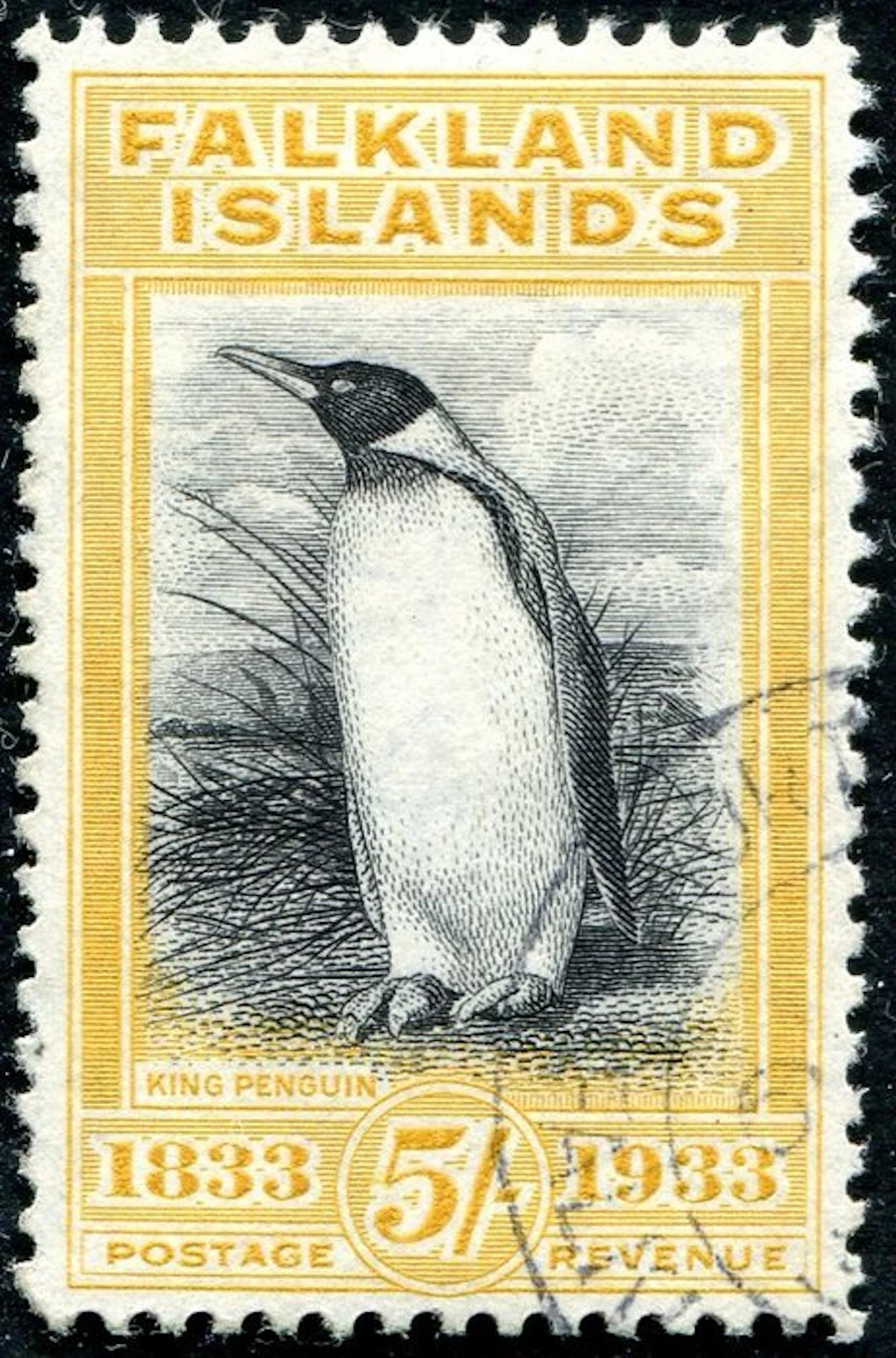Falkland Islands 1933 - Pinguin, 5 sh. black and yellow - SG 136