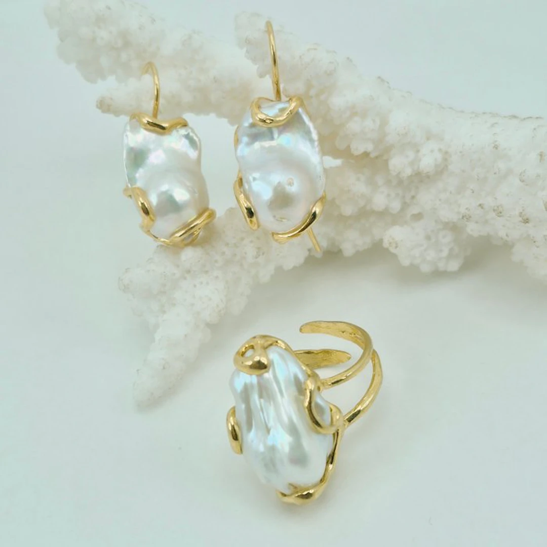Silver, Gold-plated 2 piece jewellery set - Baroque Pearls