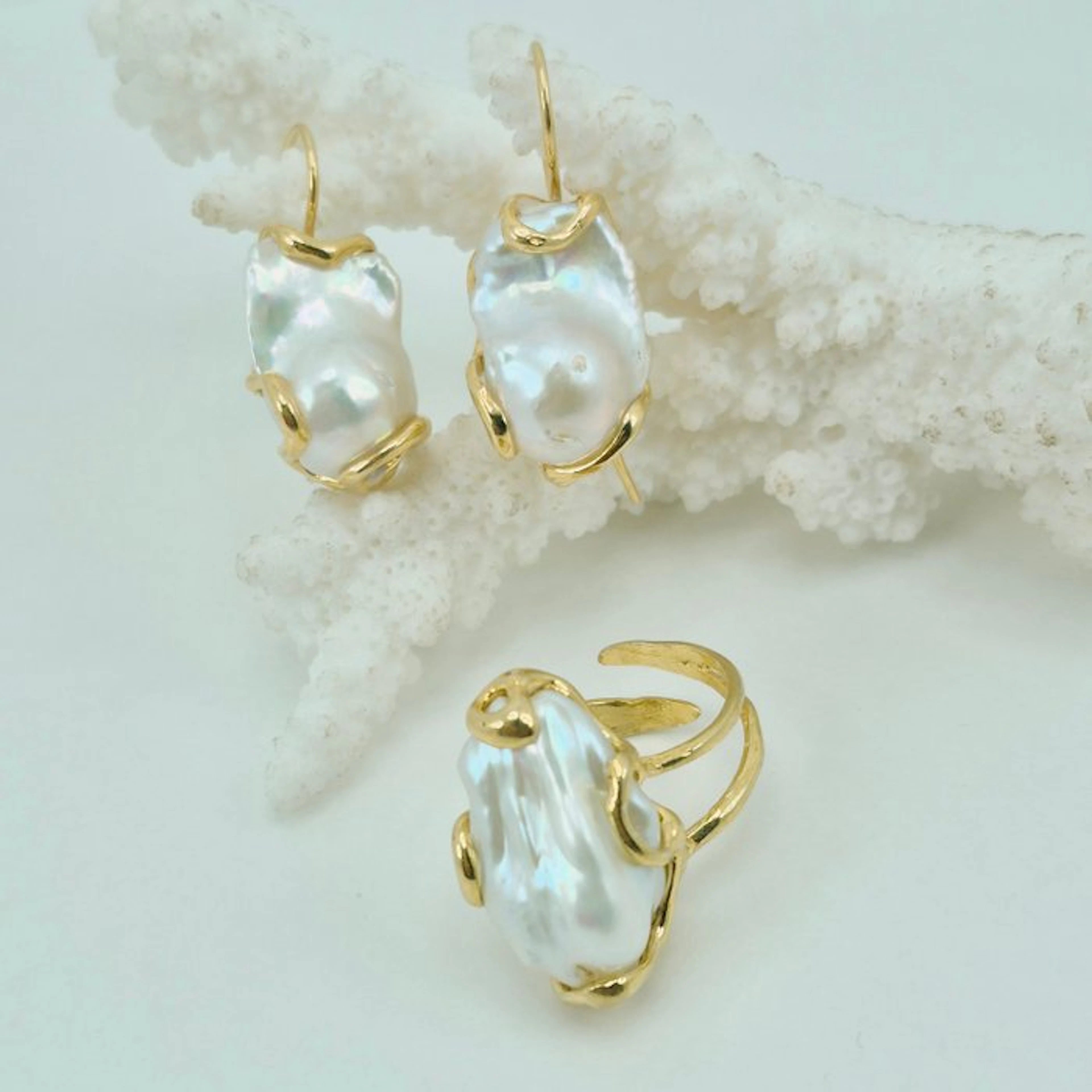 Silver, Gold-plated 2 piece jewellery set - Baroque Pearls