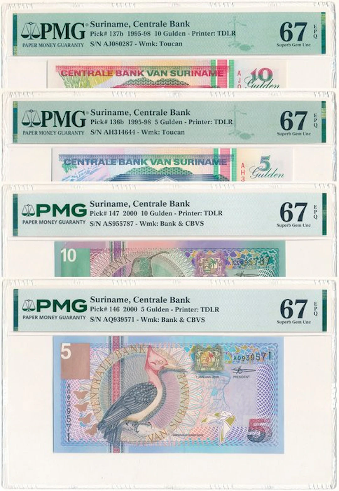 Suriname. - 2 x 5, 2 x 10 Gulden - 1995/2000 (No reserve price)