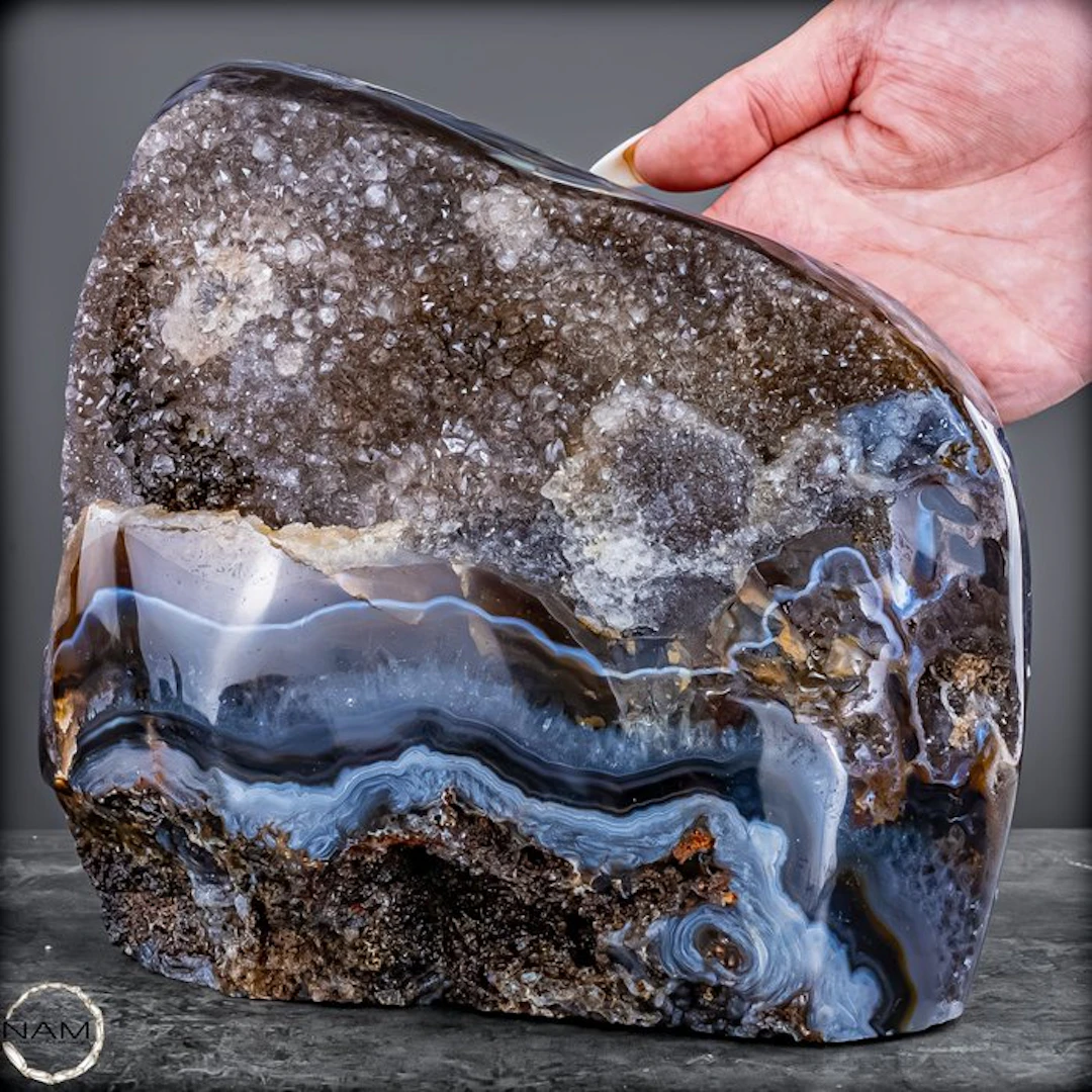 Fascinating amber-colored agate druse with chalcedony...