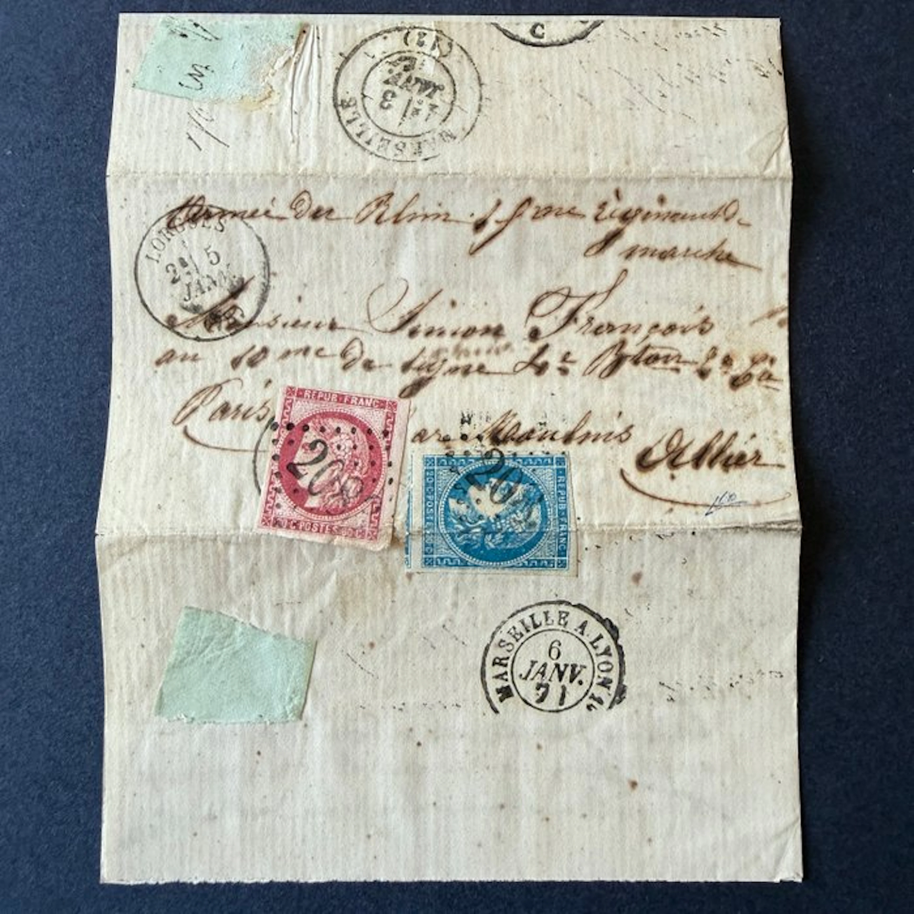 France - Yvert 45B and 49 'Boule de Moulins' cancelled on a letter with text