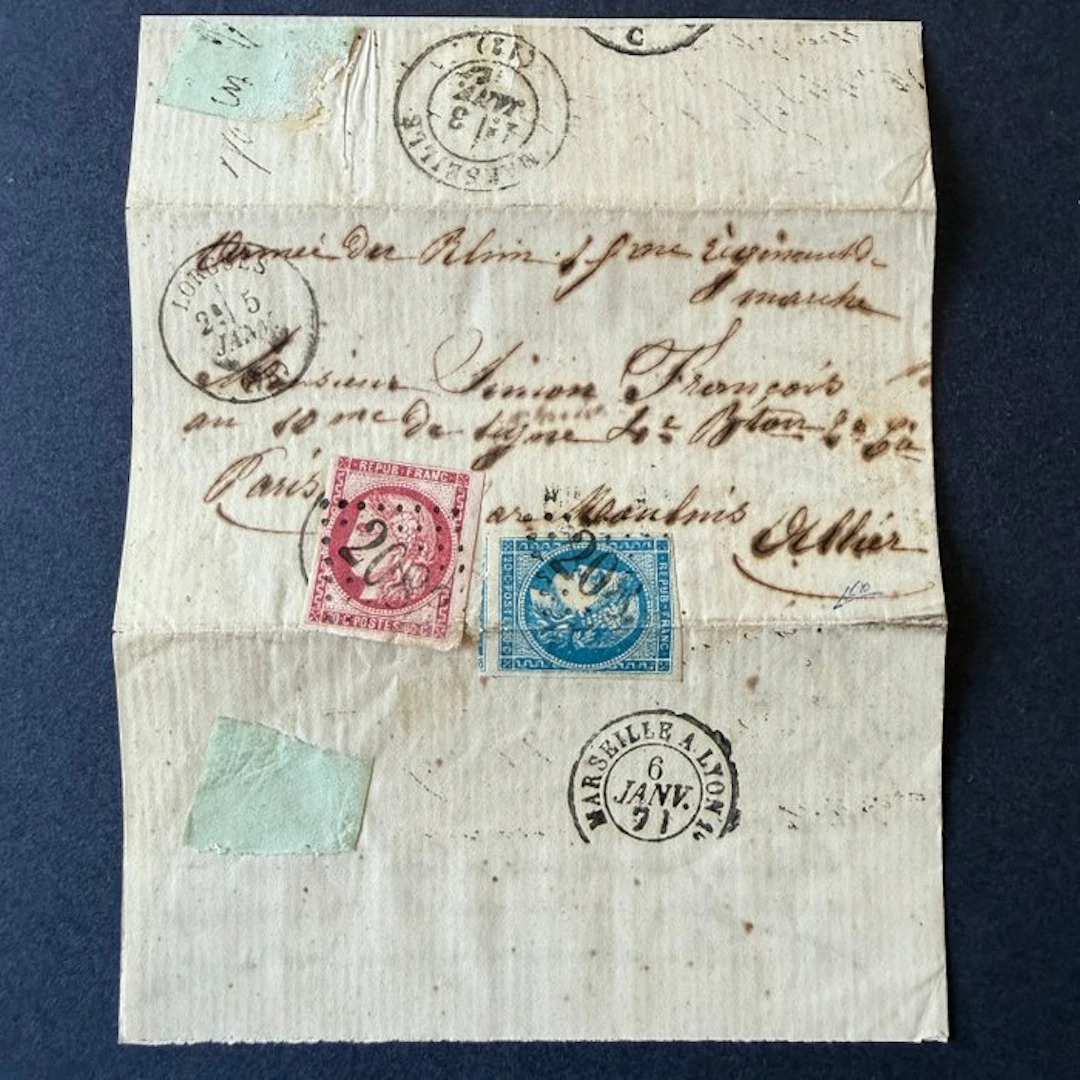 France - Yvert 45B and 49 'Boule de Moulins' cancelled on a letter with text