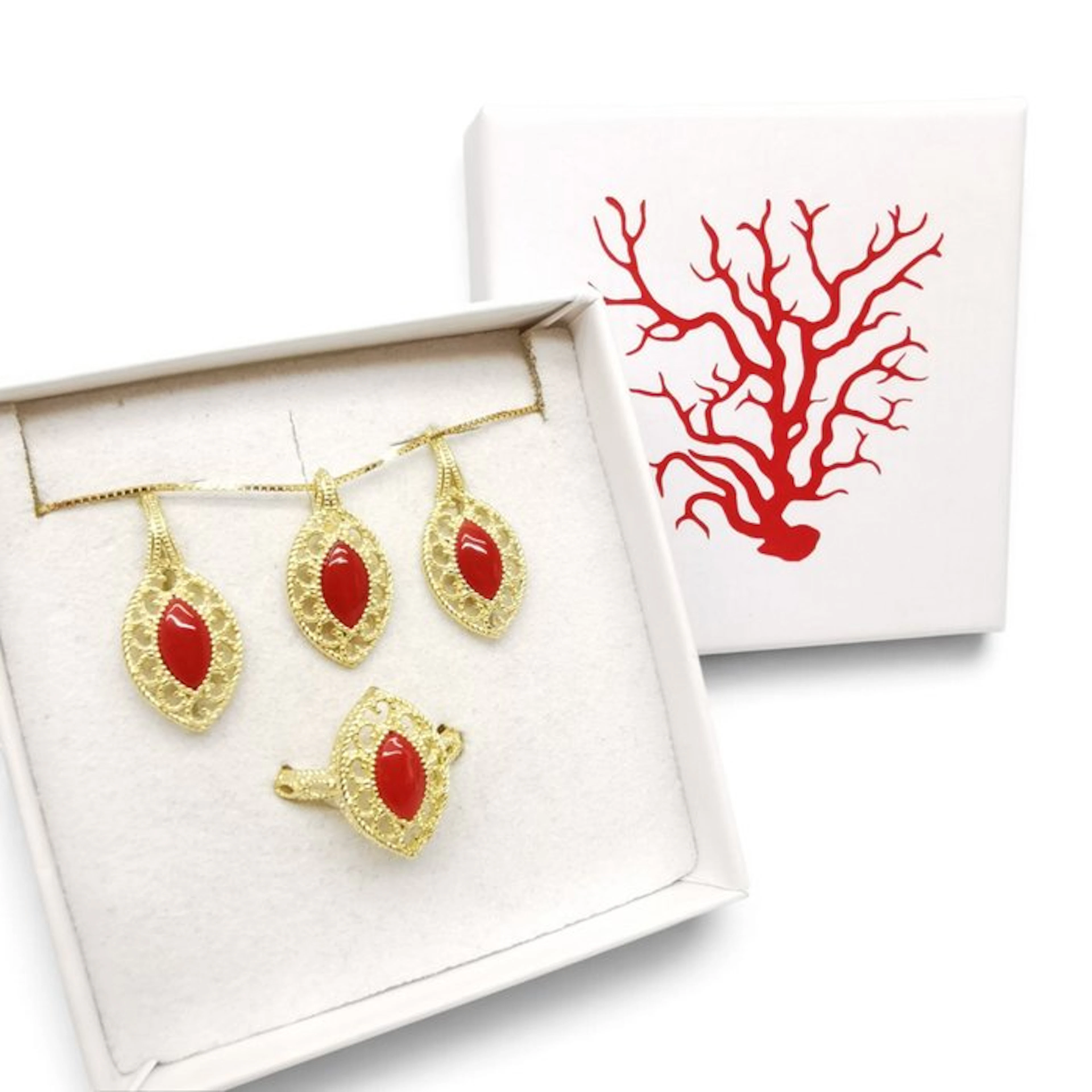 Coral - Sterling Silver 925 - 3 piece jewellery set - Italian craftsmanship