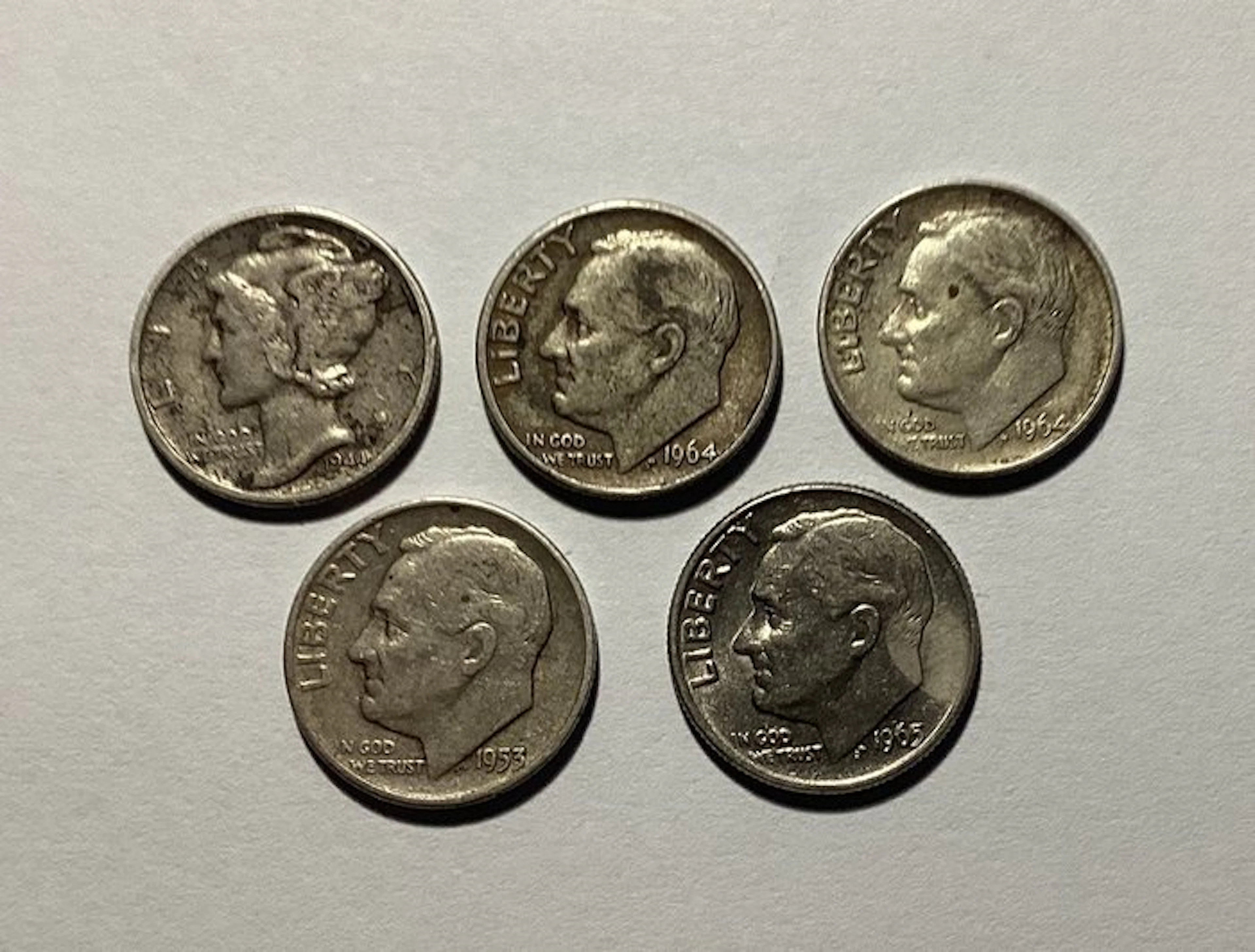 United States. Colección de Dimes plata 1944, 1953, 1964, 1965
