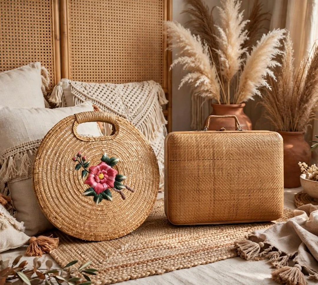 rattan vintage - Borsa paglia ricamata-valigetta midollino - Suitcase