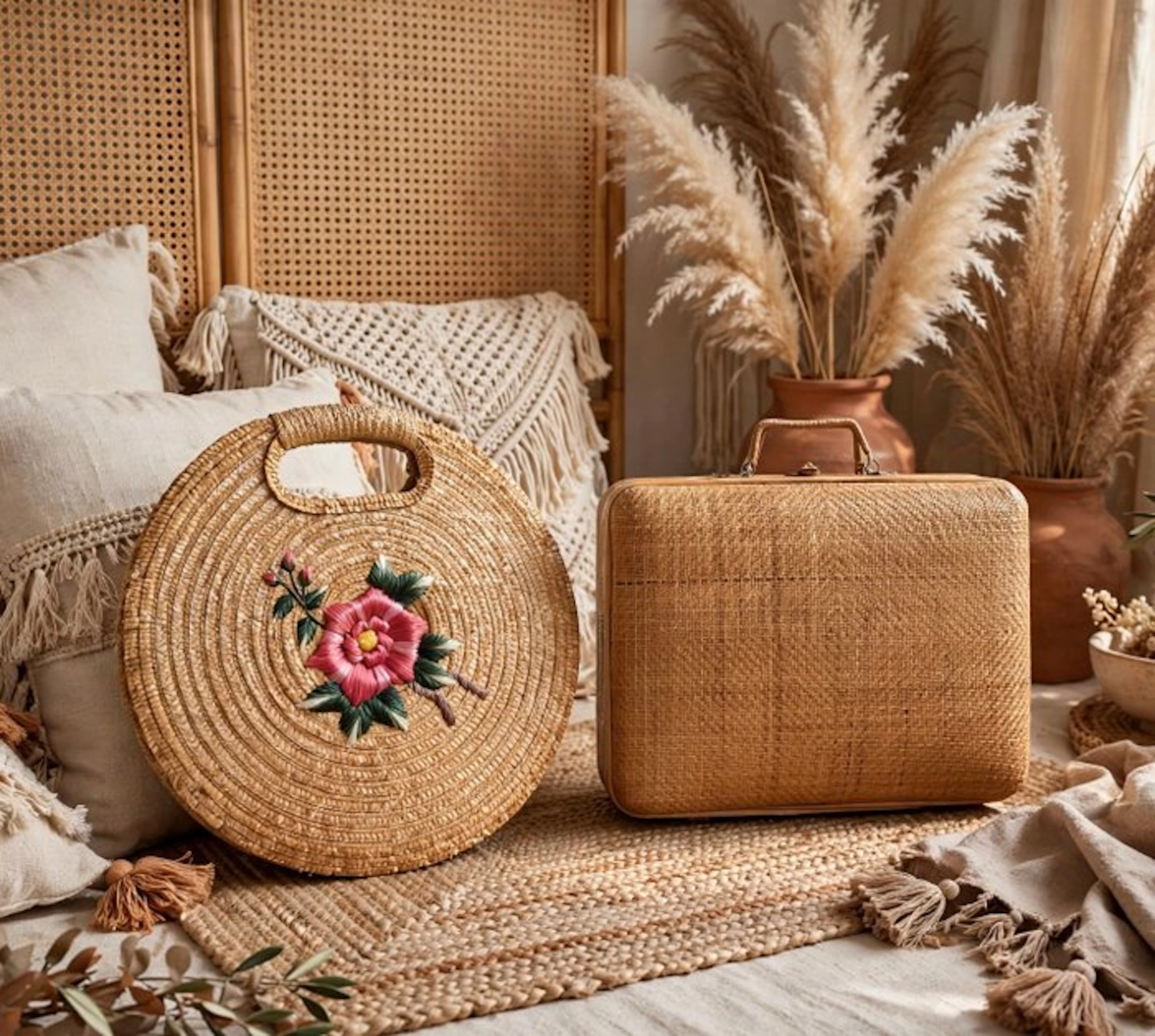 rattan vintage - Borsa paglia ricamata-valigetta midollino - Suitcase