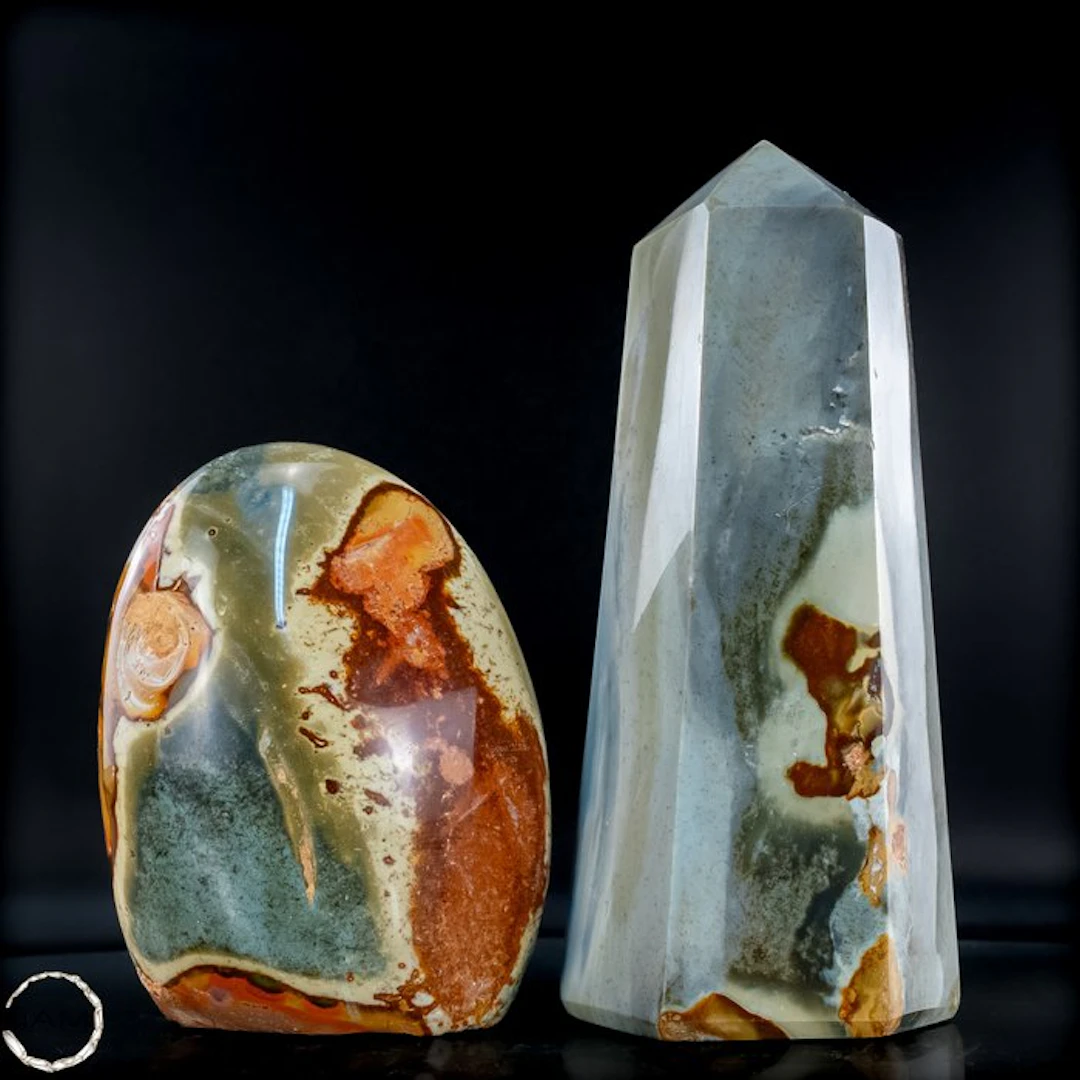 Polychrome Jasper Set – A striking duo of freeform and an elegant obelisk
