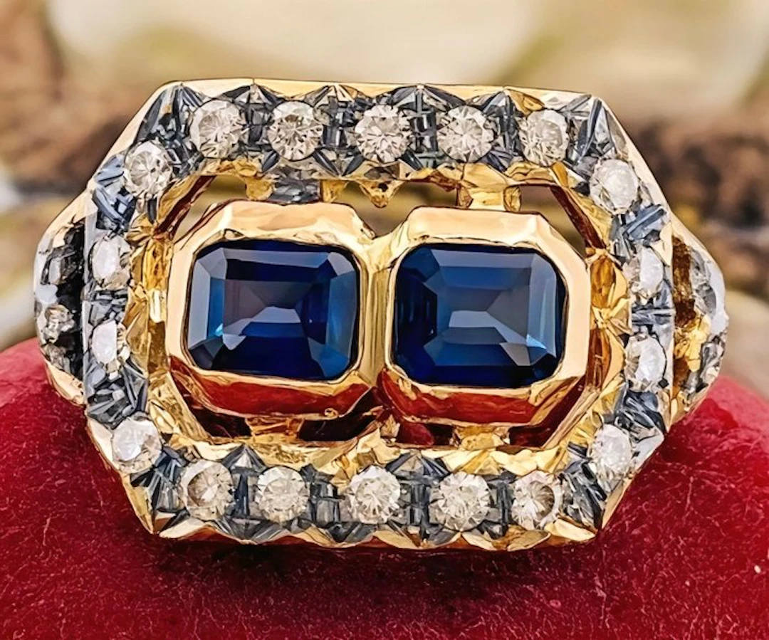 No reserve price - Ring - 9 kt. Yellow gold, Silver Sapphire - Diamond