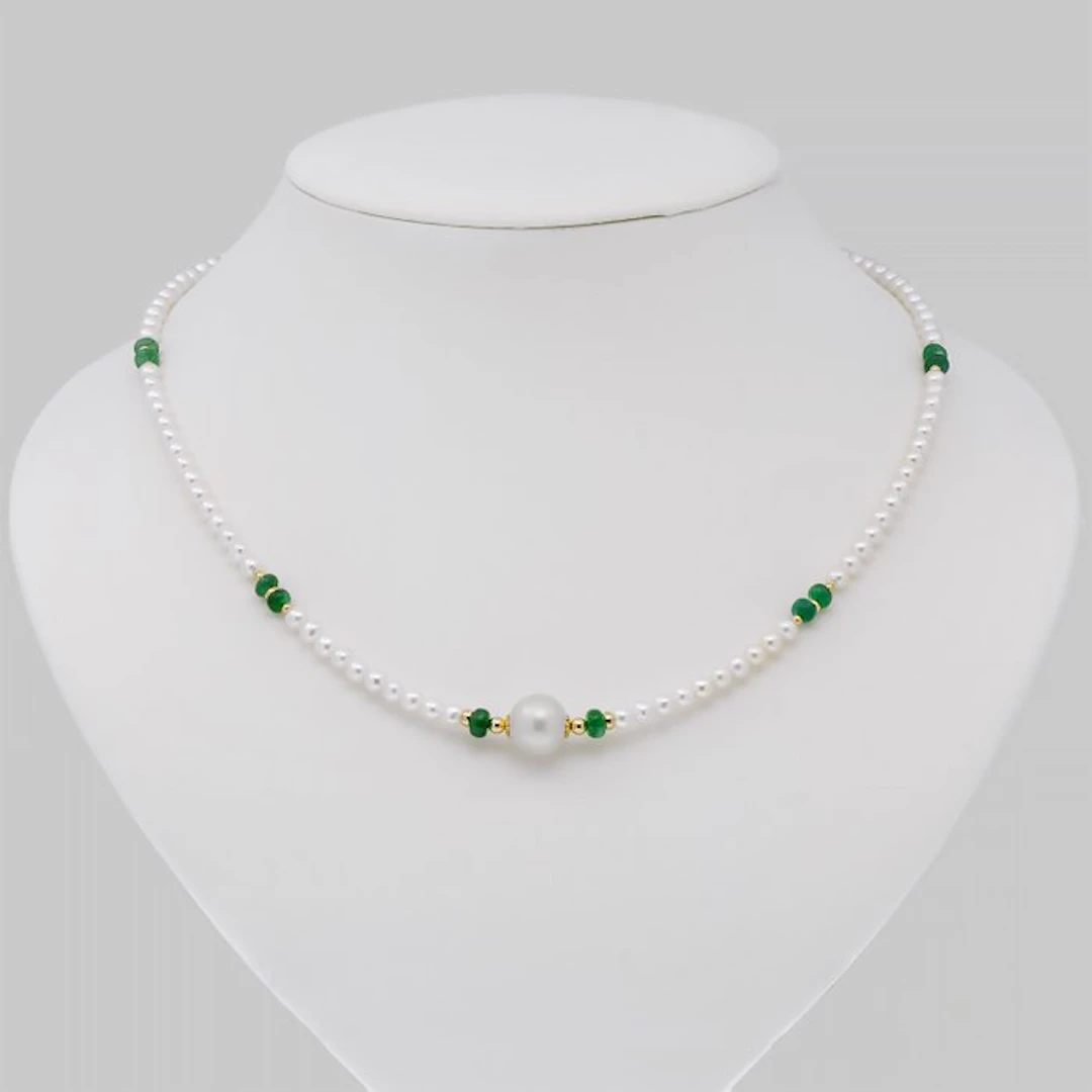 No reserve price - Necklace - 18 kt. Yellow gold Pearl - Emerald
