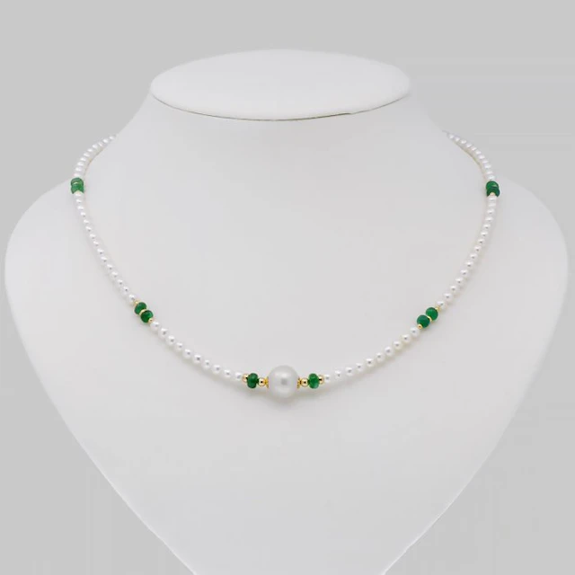 No reserve price - Necklace - 18 kt. Yellow gold Pearl - Emerald