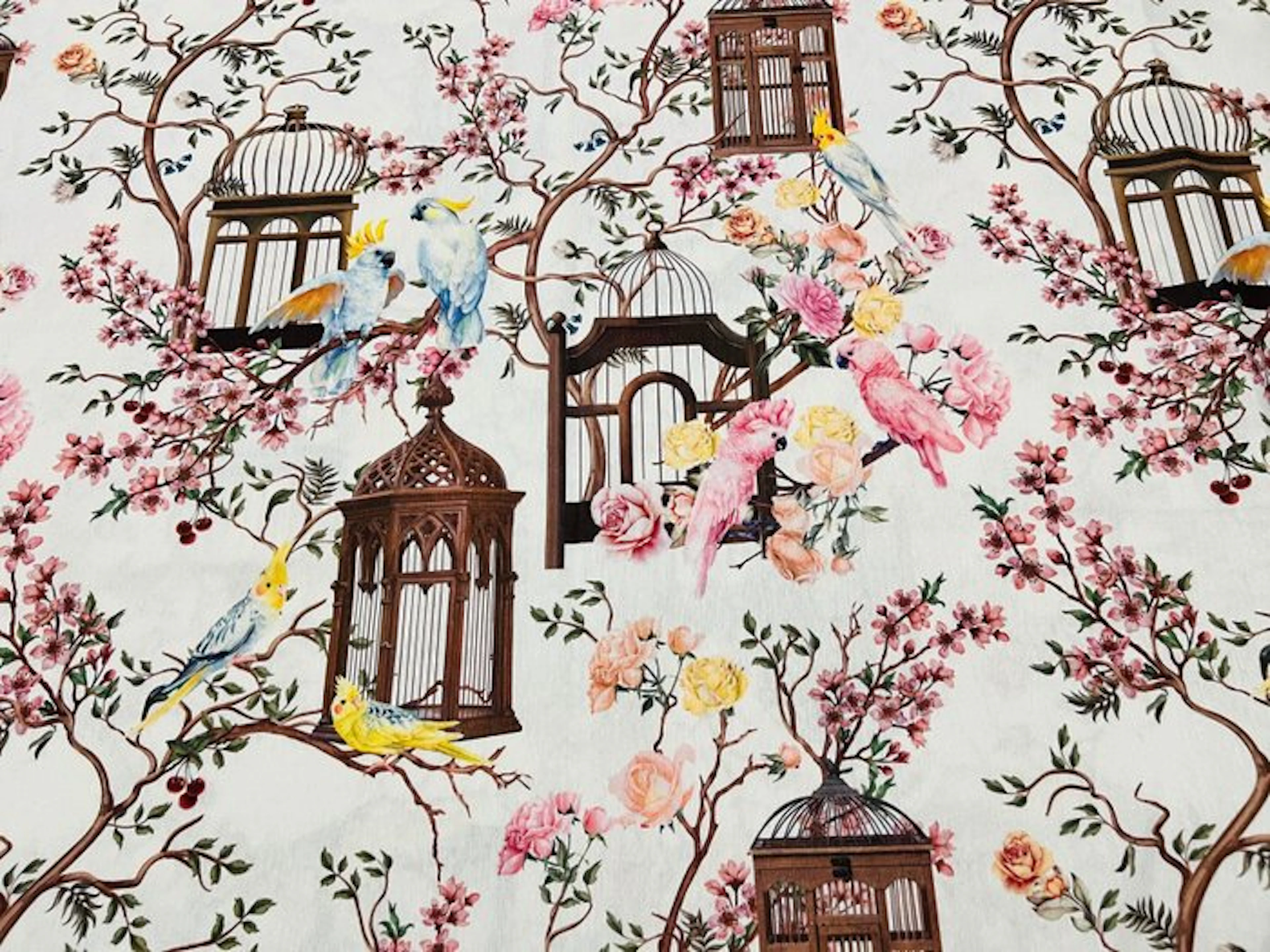 Harmony and Freedom - Cotton Fabric with Birdcages and...