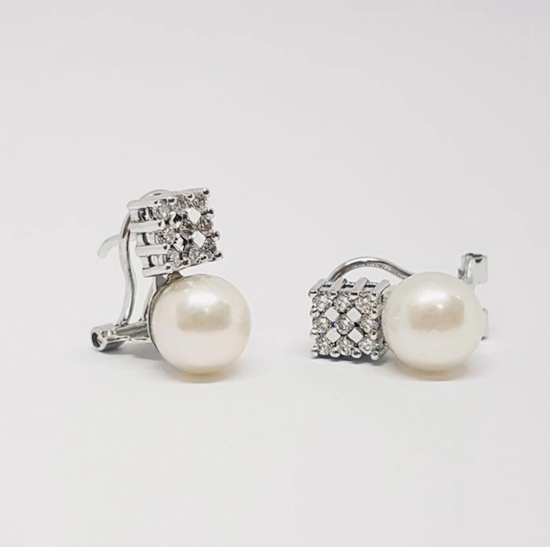 Earrings - 18 kt. White gold Diamond (Natural) - Pearl