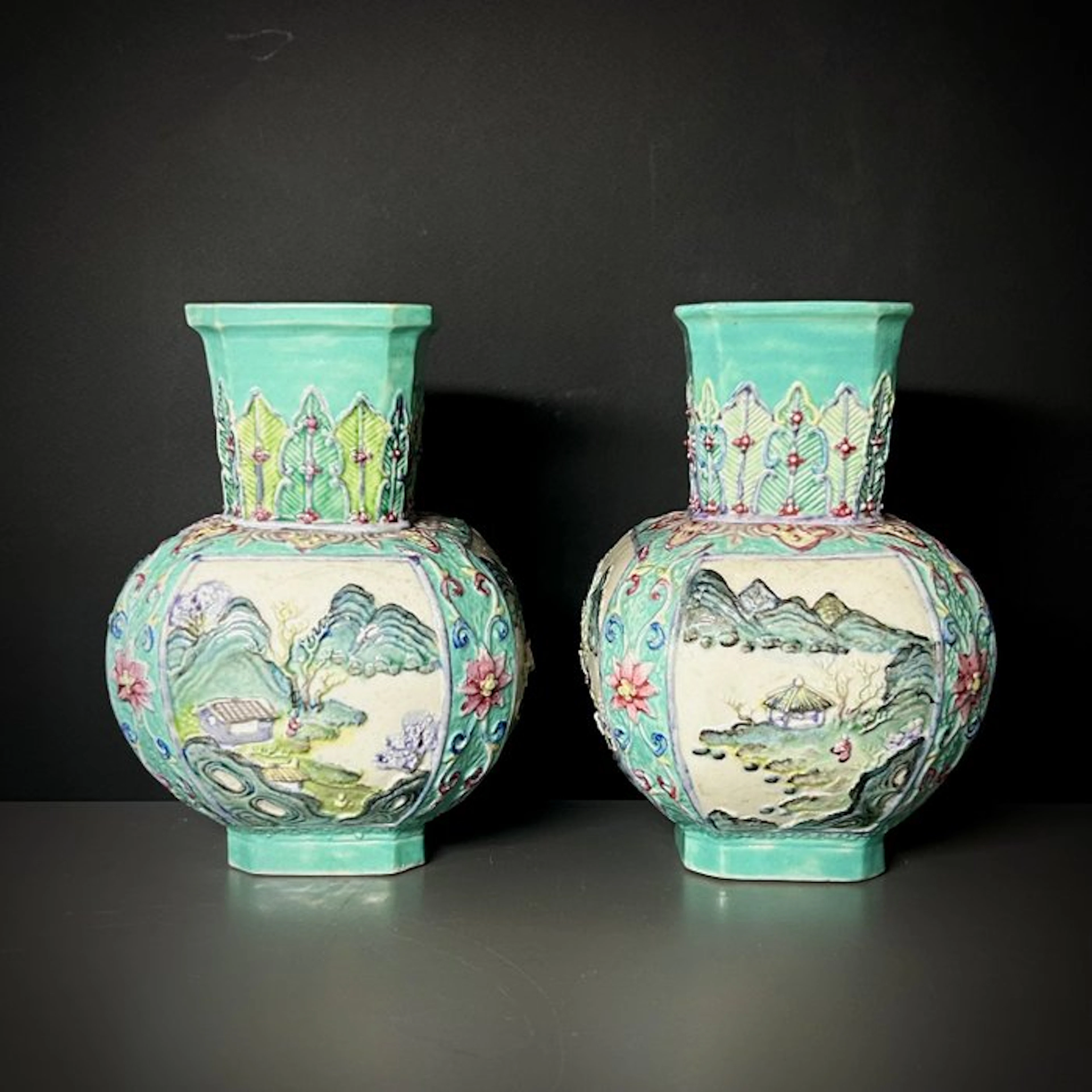A PAIR OF ANTIQUE CHINESE FAMILLE ROSE SQUARED RELIEF...