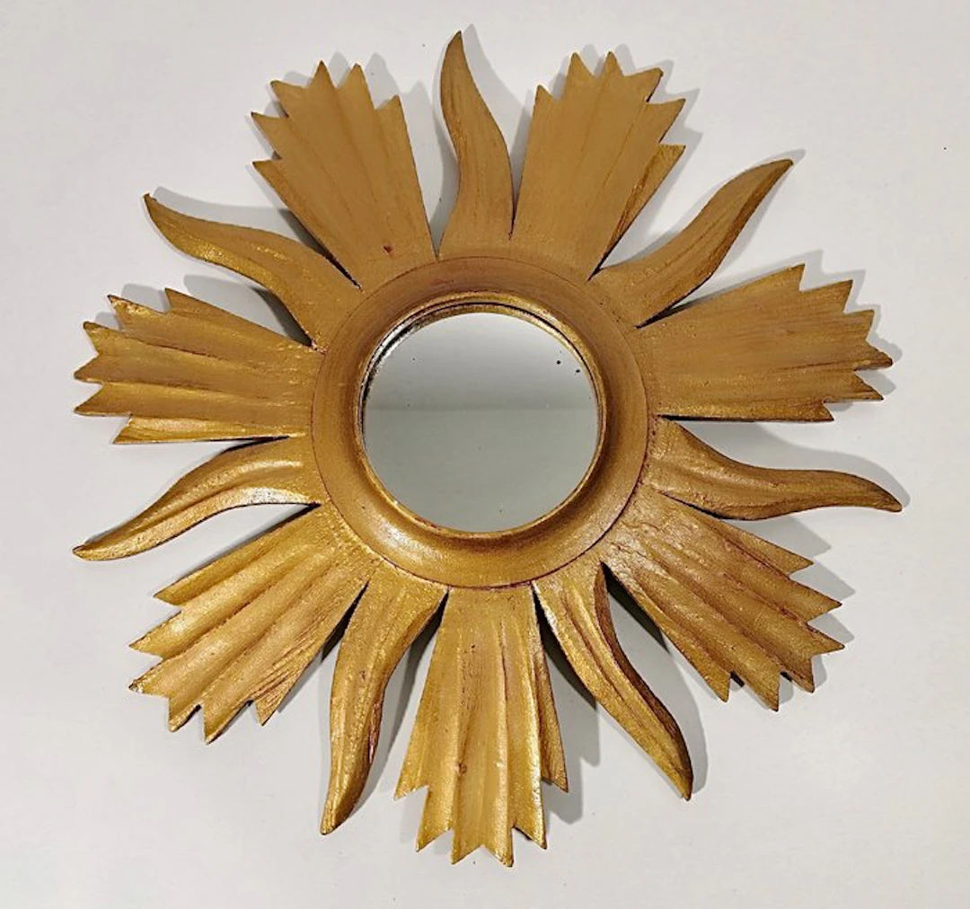 Wall mirror- Classic sunburst - Golden wood, Glass - Vintage artistic mirror