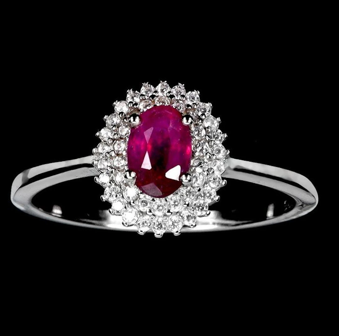 No reserve price - Ring 925 Silver, 14K White Gold plated Ruby