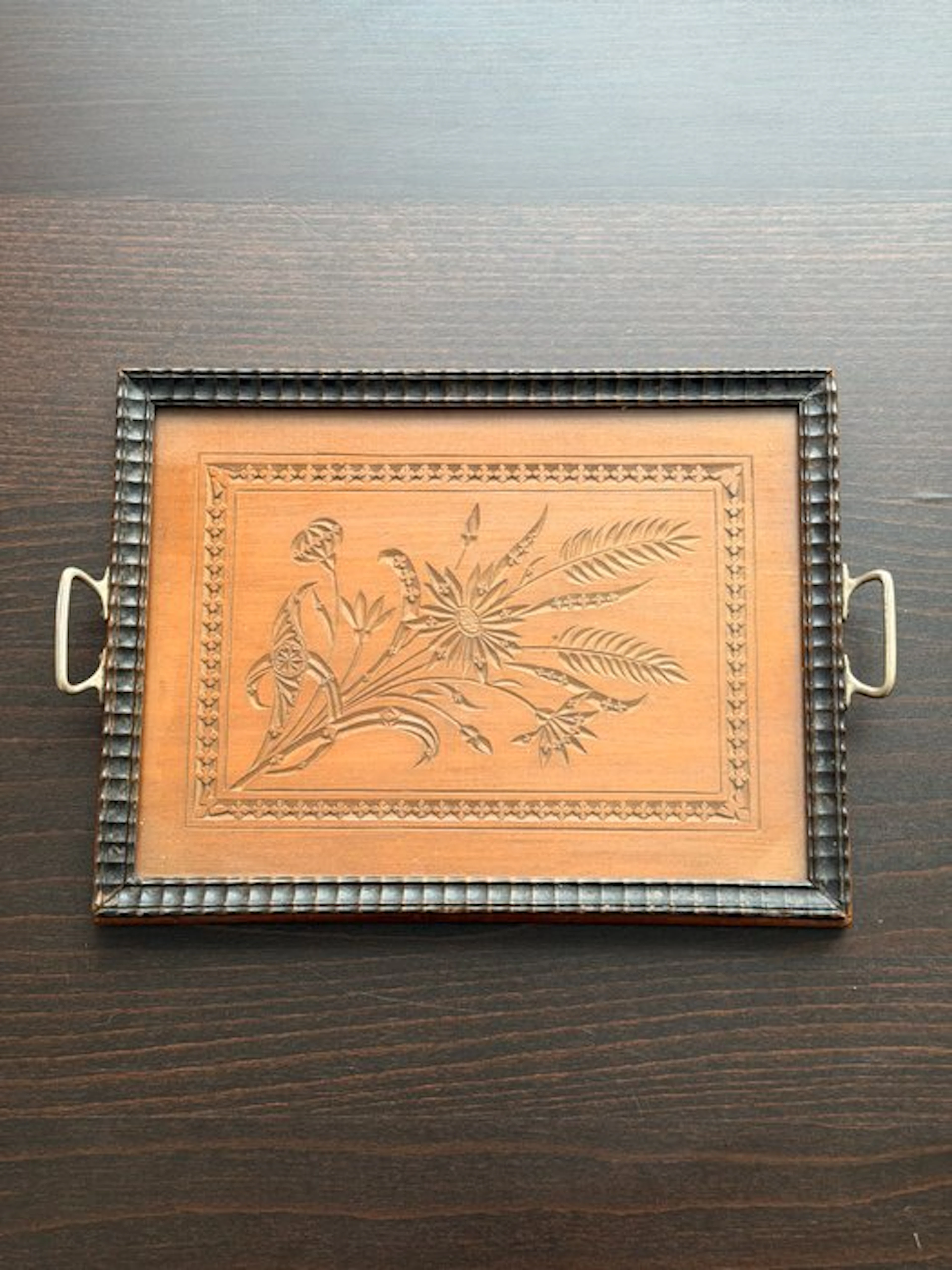 Antique Black-Brown Hand-Carved Floral Tray with Glass, circa 1930