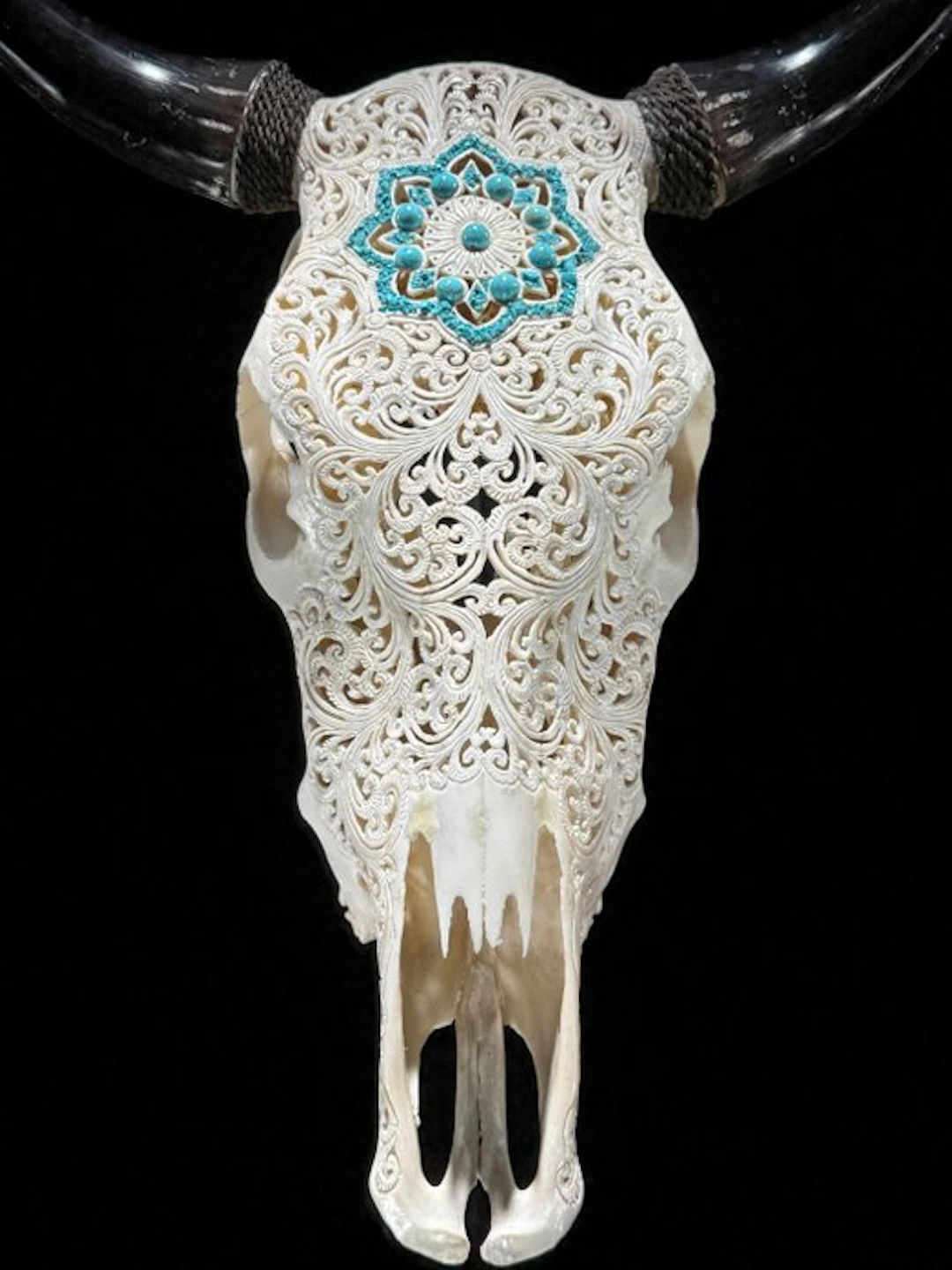 NO RESERVE PRICE - Stunning White Carved Bull's Skull...