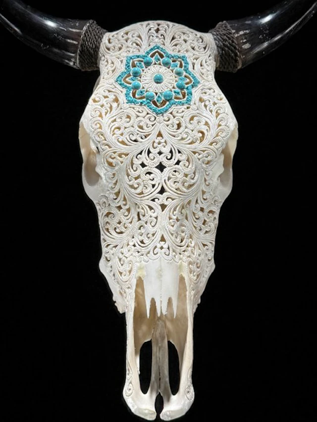 NO RESERVE PRICE - Stunning White Carved Bull's Skull...