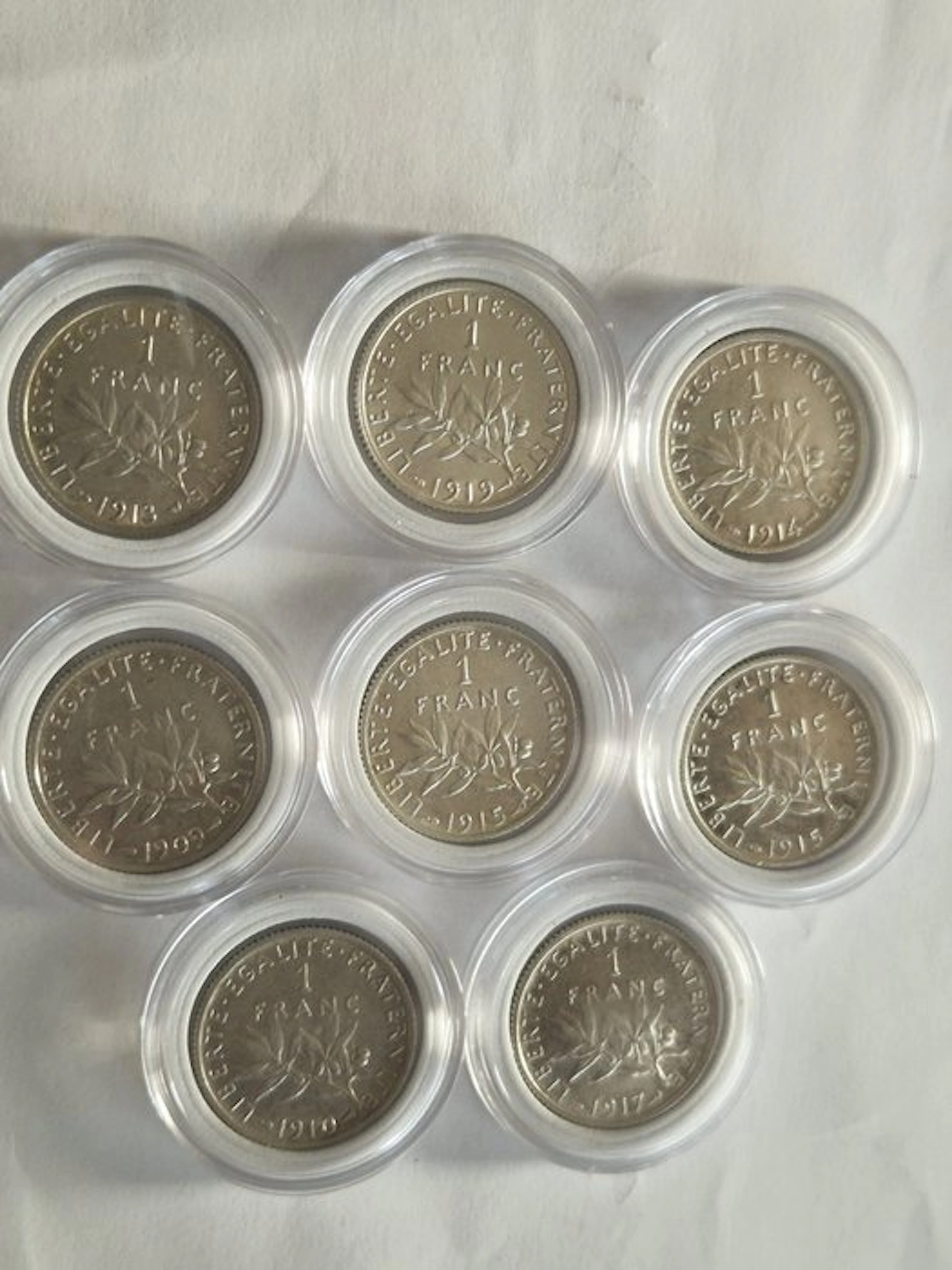 France. 1 Franc 1909/1919 Semeuse (lot of 8 silver coins) (No reserve price)