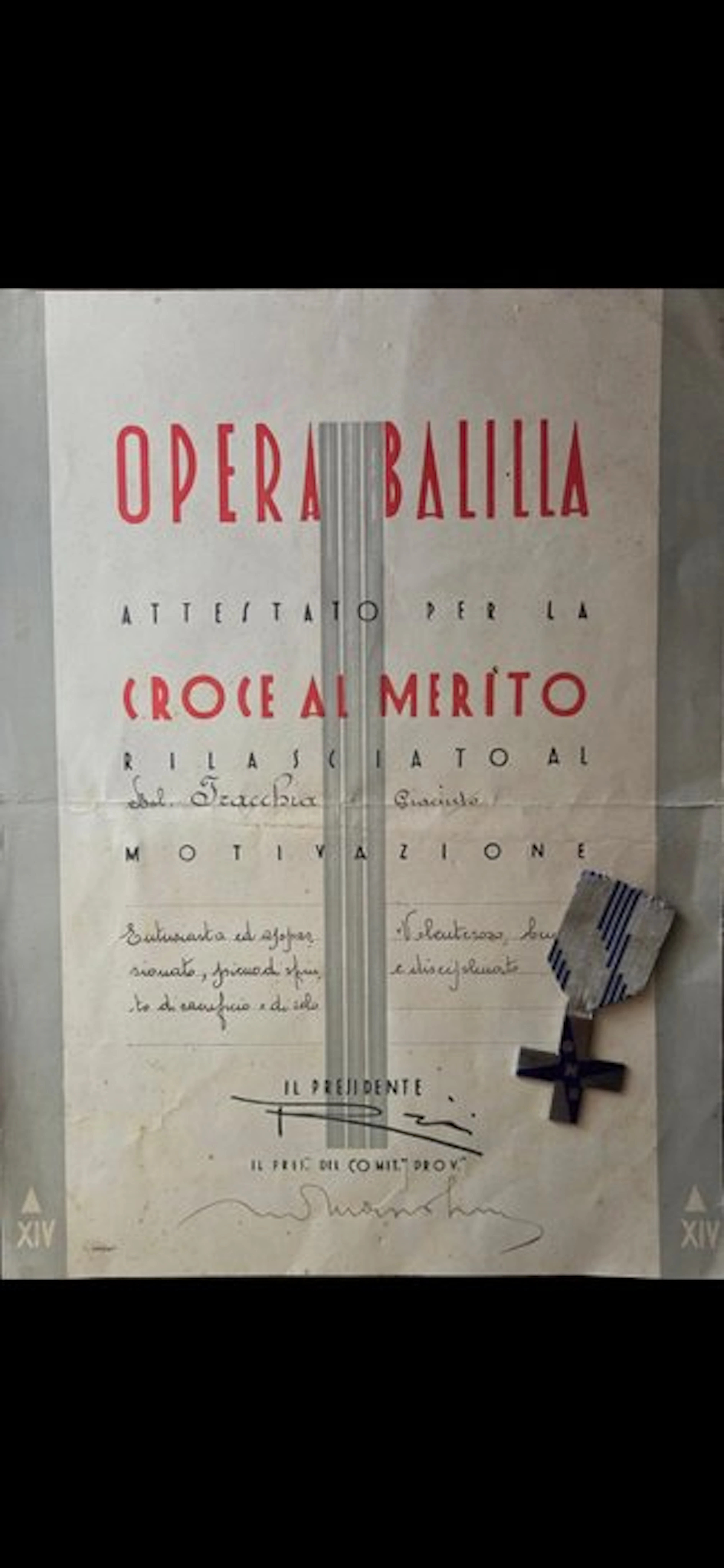 Italy - O.N.B. - Document - croce al merito Balilla + diploma - 1936