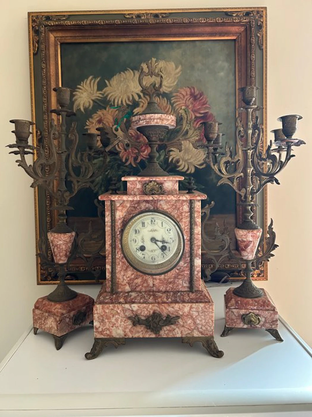 Clock and garniture set (3) Louis XIV Style Marble...