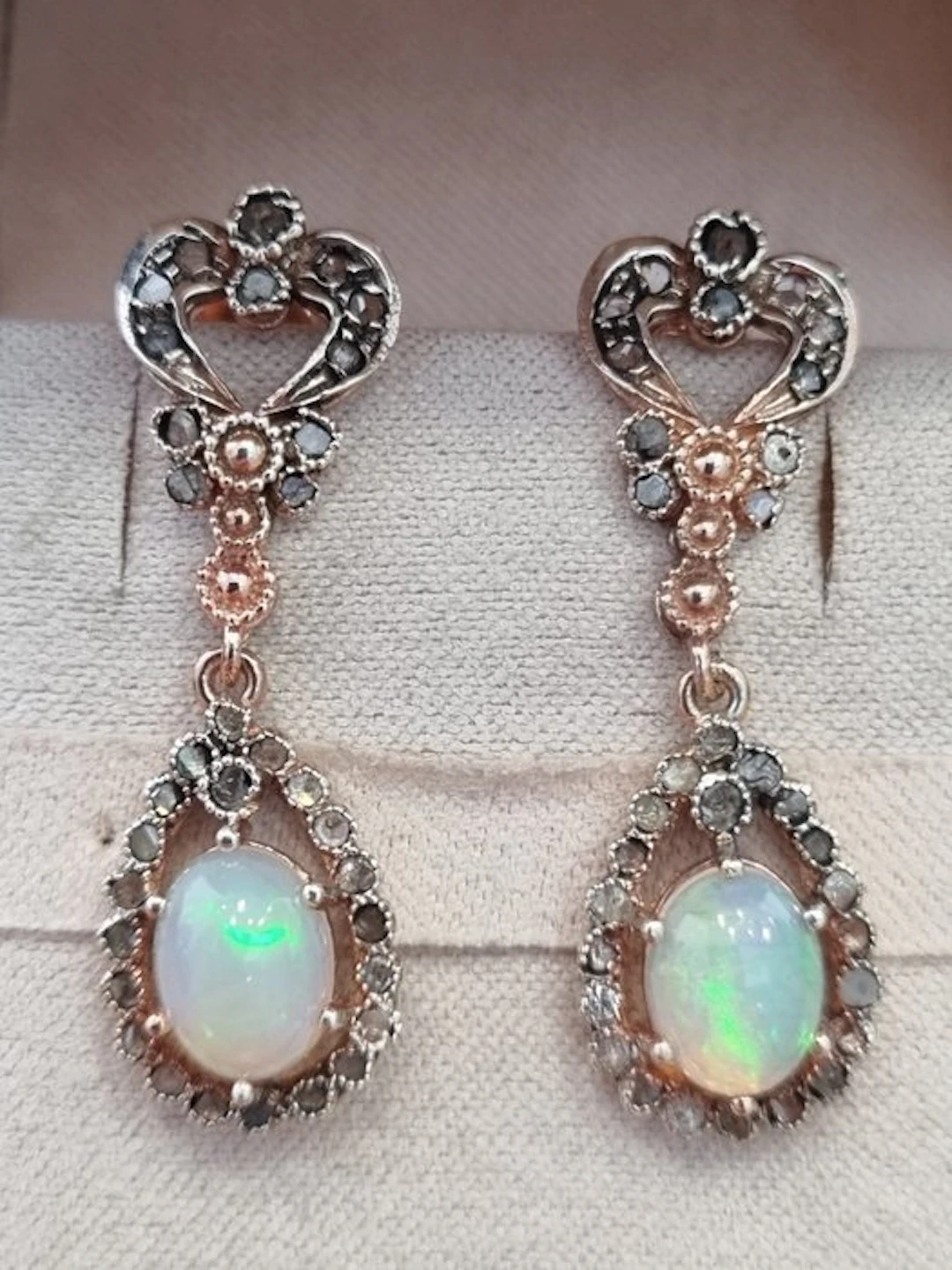 No reserve price - Earrings - 9 kt. Silver, Rose gold Opal - Diamond