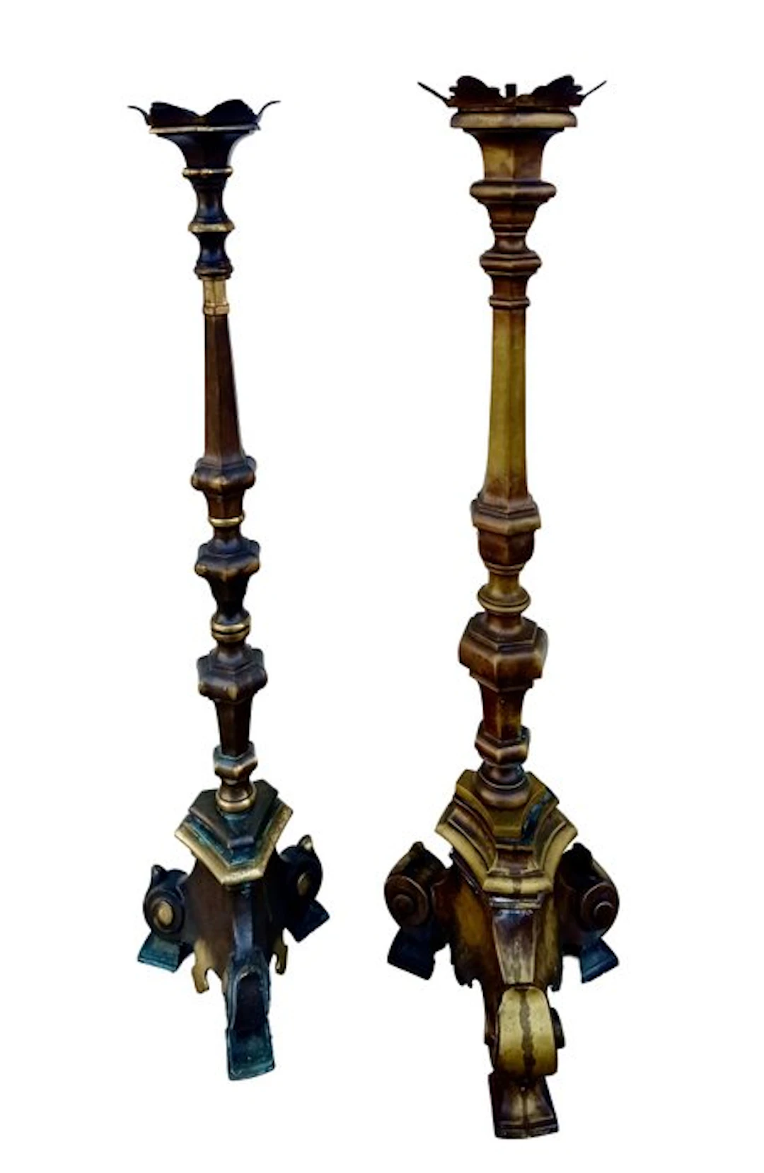 Candelabrum (2) - Patinated bronze - Two altar candelabra - 106 cm & 104 cm