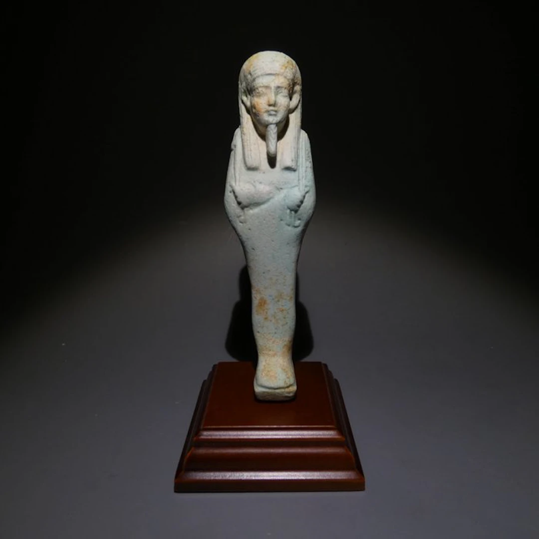 Ancient Egyptian Faience Shabti. 11 cm H. 30th Dynasty, 378 - 341 BC.