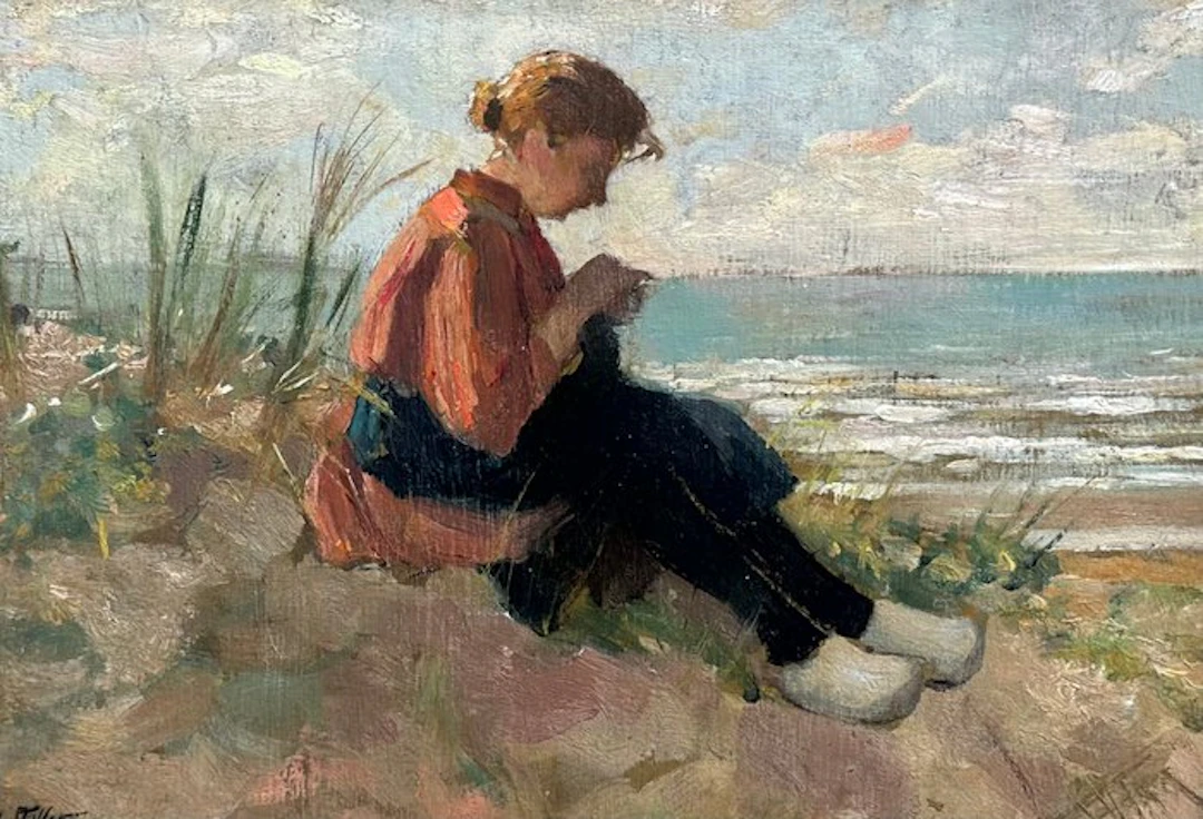 G. J. Staller (1880-1956) - Meisje handwerkend in het duingebied