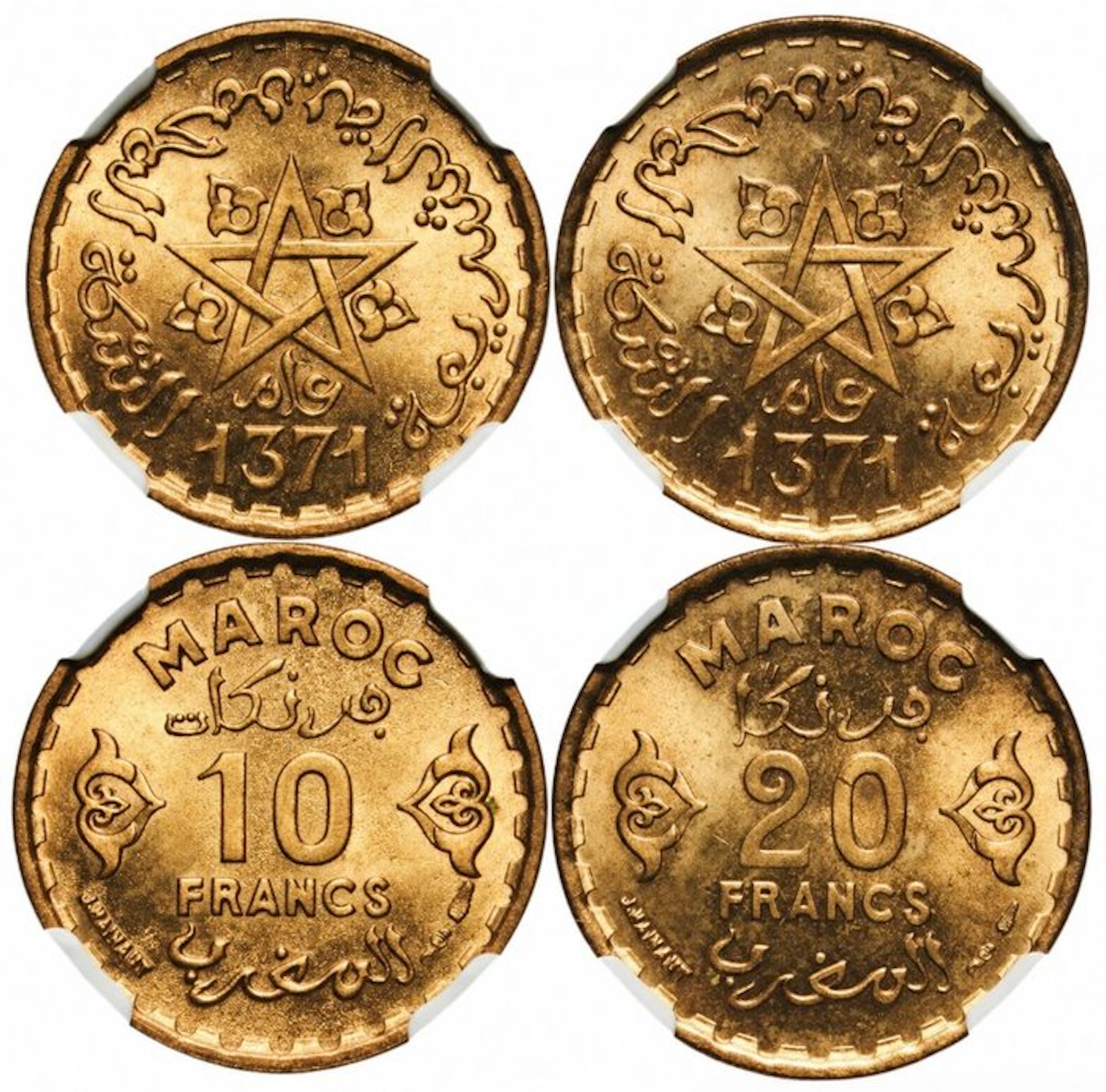 Morocco. Mohammed V. 10 Francs - 20 Francs 1952 - NGC MS64/MS65