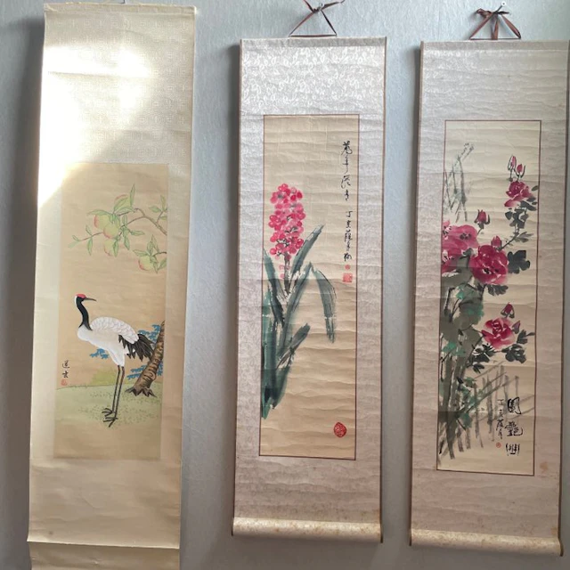 Set of 3 hanging scrolls - Cranes