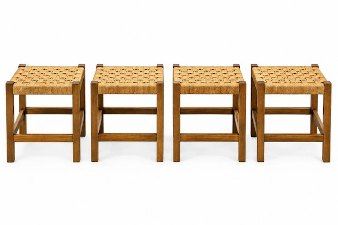 Chair - skew - Set of Four Wooden Stools with Woven Rope Seats