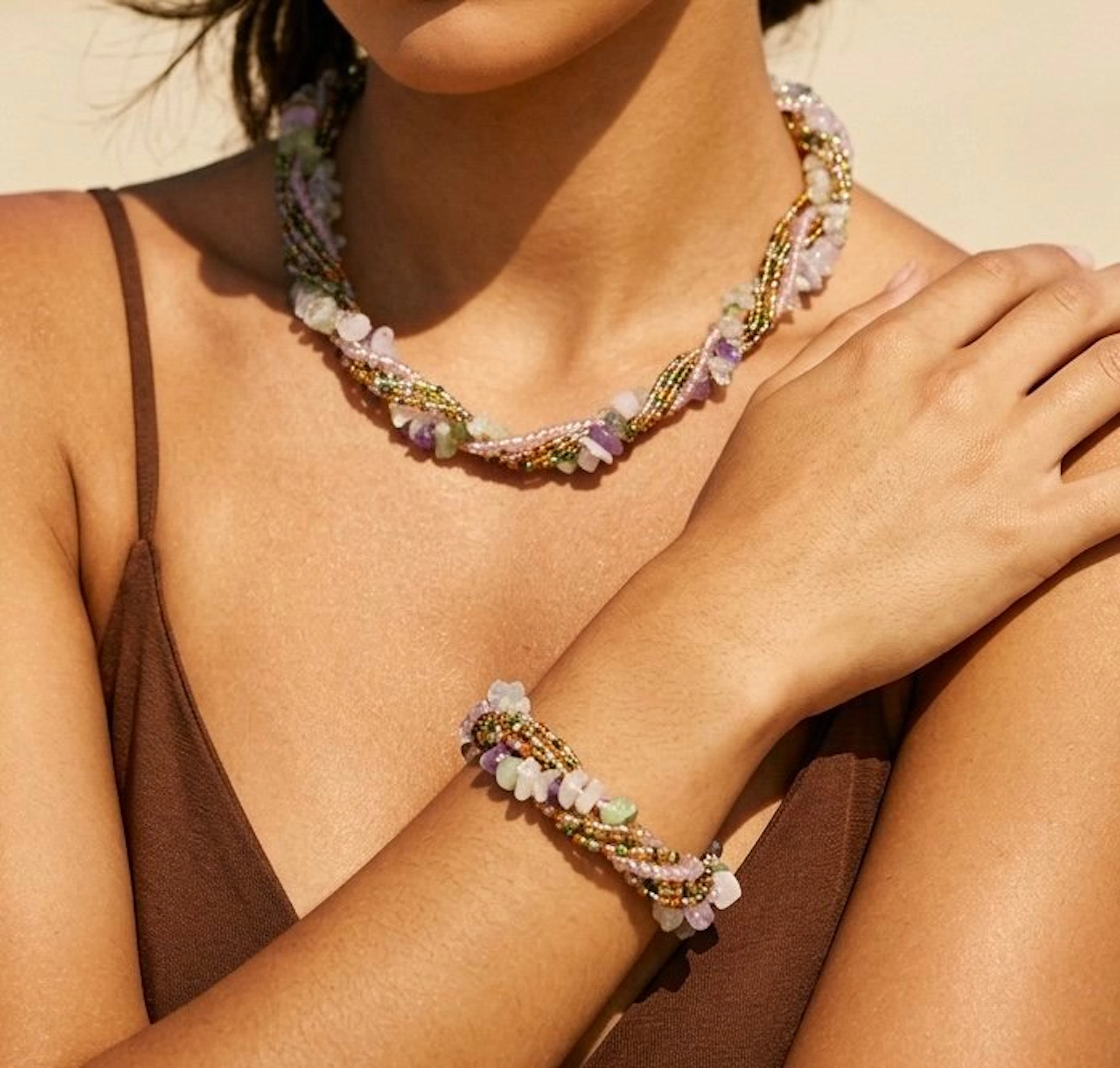 Six-row necklace & bracelet with MULTI-GEMSTONE...