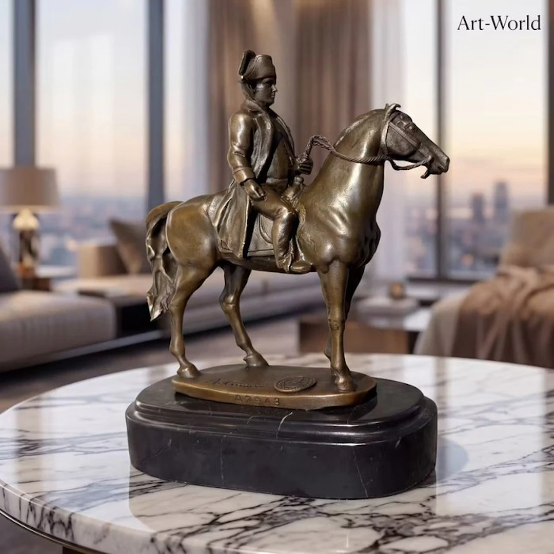 Statue, sculptuur van Napoleon op paard - 18.5 cm - Bronze, Marble