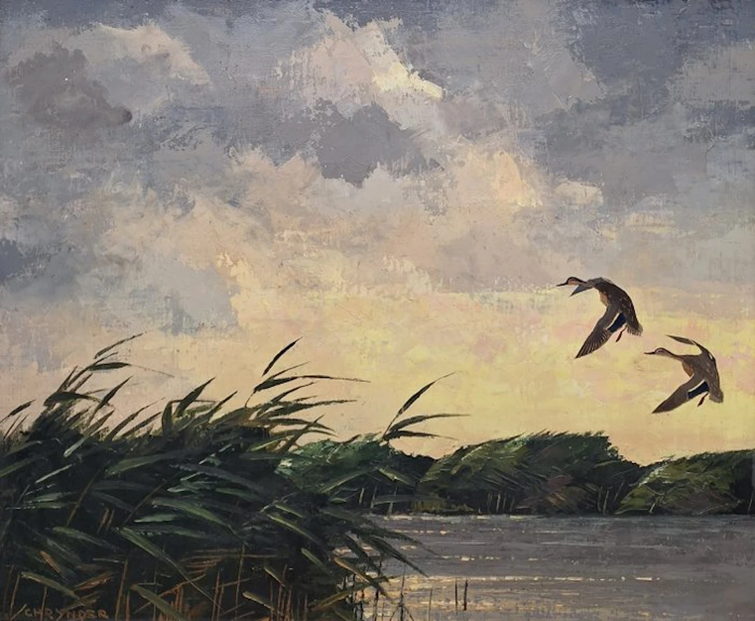 Jo Schrijnder (1894-1968) - Opvliegende eenden in ochtendrood landschap