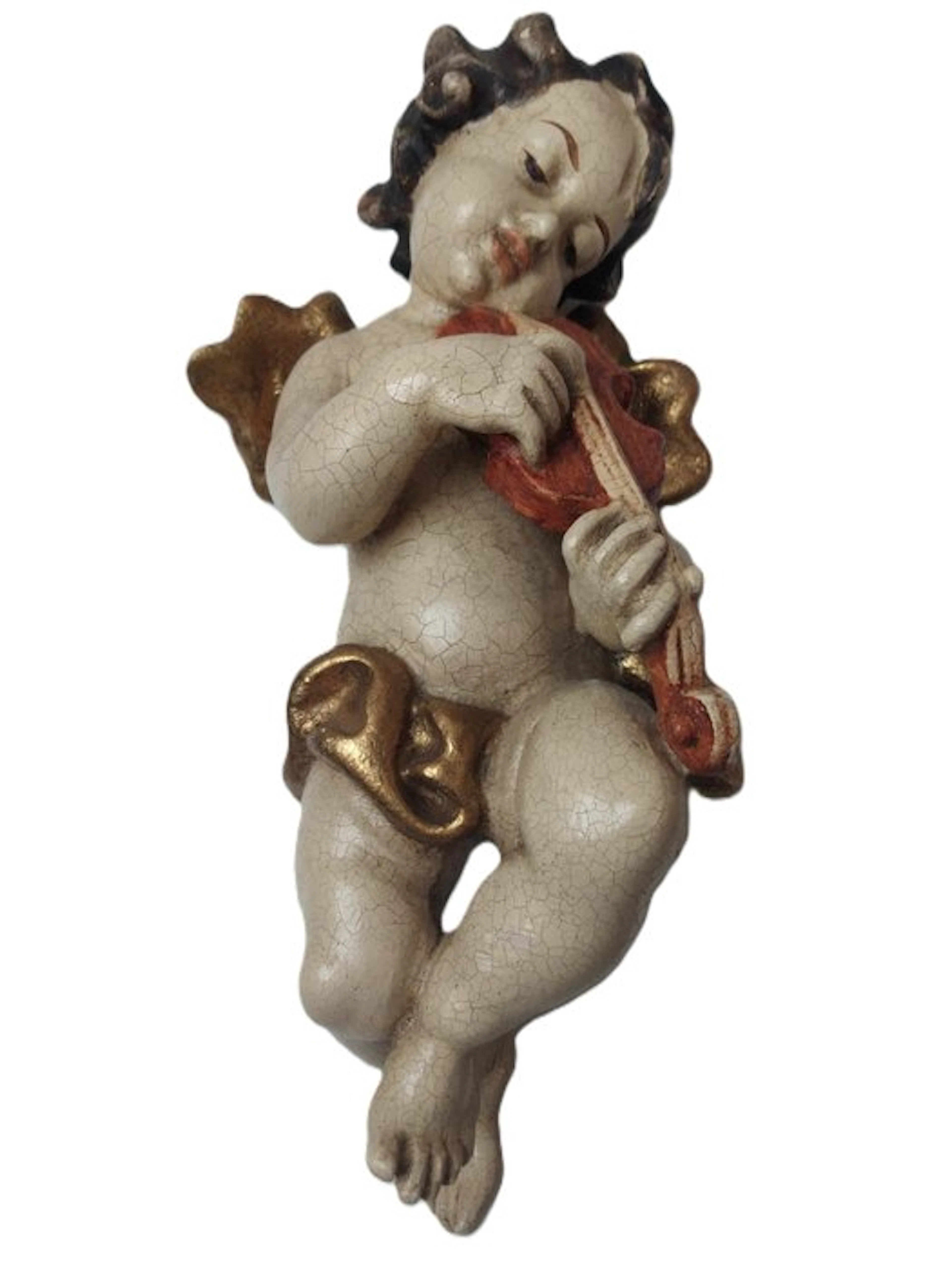 Carving, Holzfigur - farbiger Engel Cherub mit Geige...